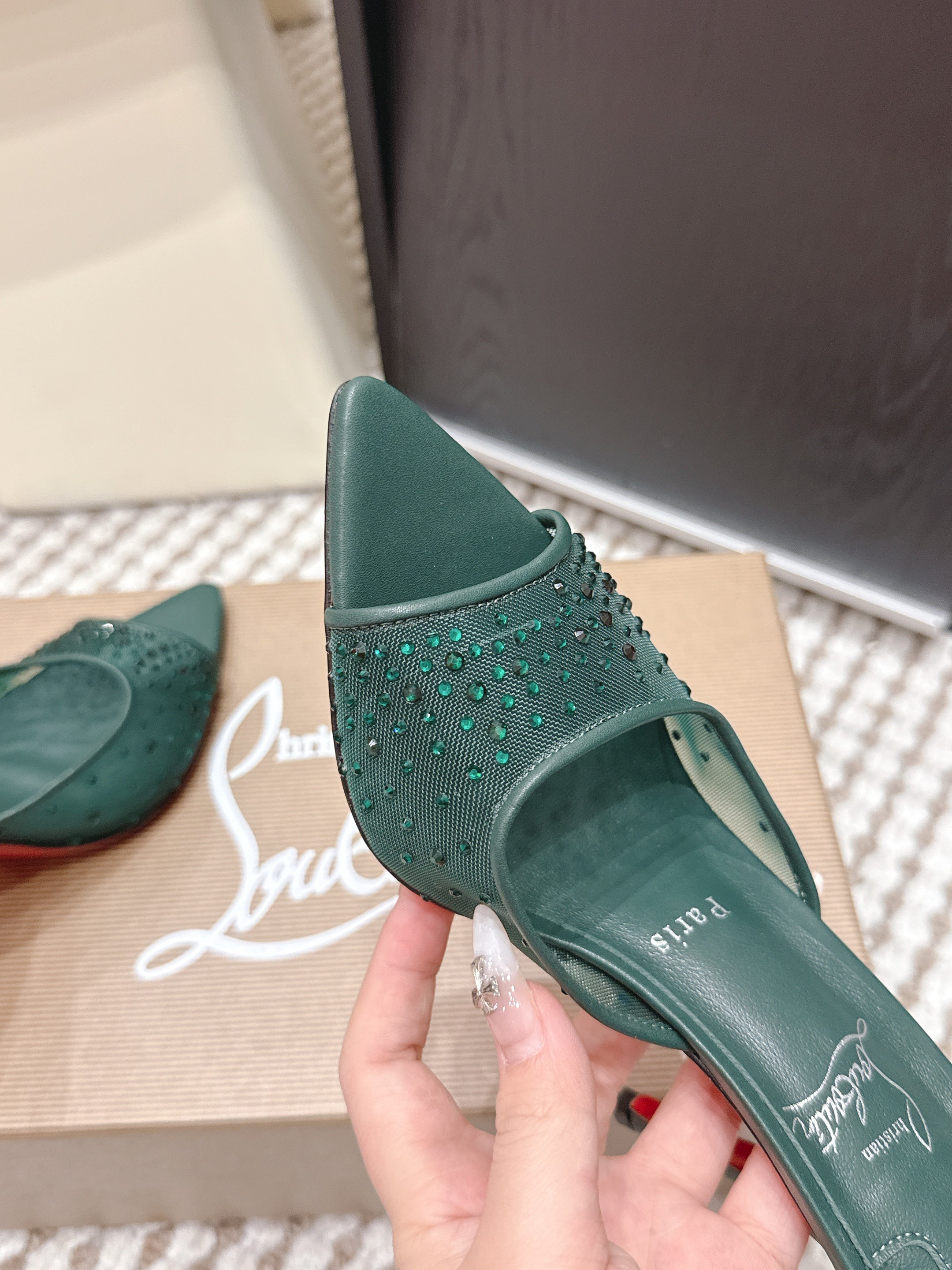 CL 26SS High-Heeled Slippers 100 Emerald Green Mesh Rhinestone Leather 658056