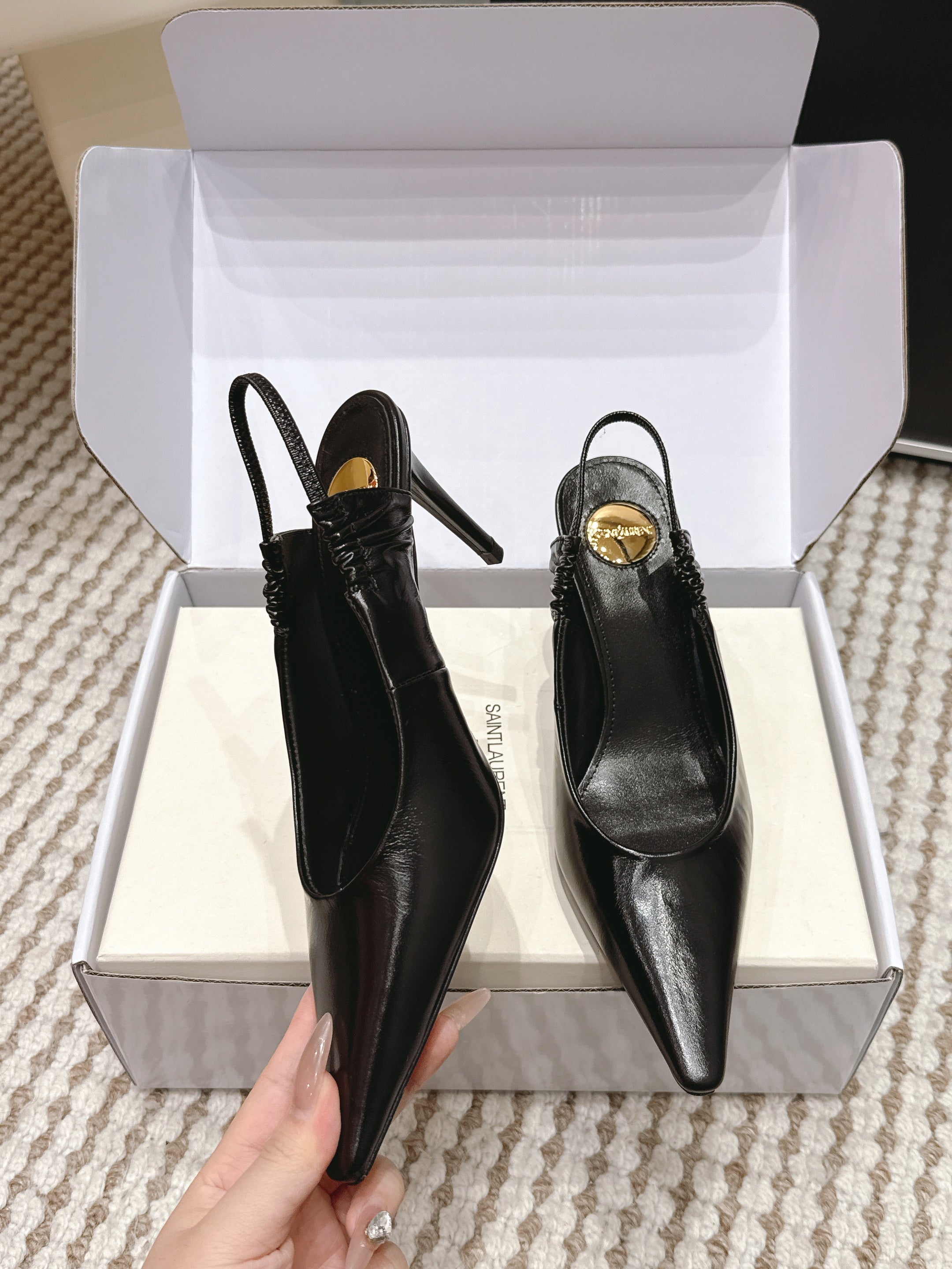 YSL 26ss Slingback 75 Black Glossy Leather 654715