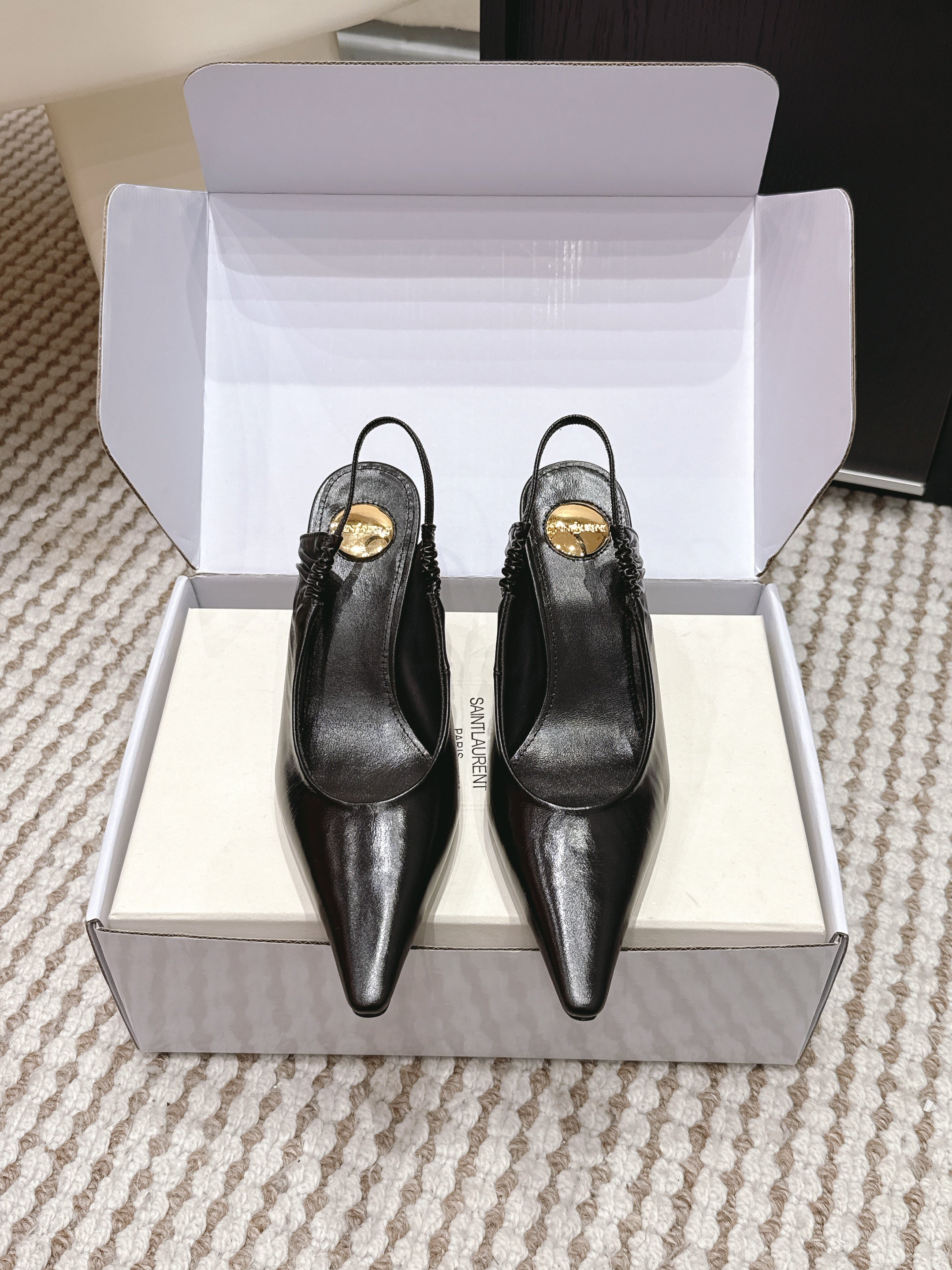 YSL 26ss Slingback 75 Black Glossy Leather 654715