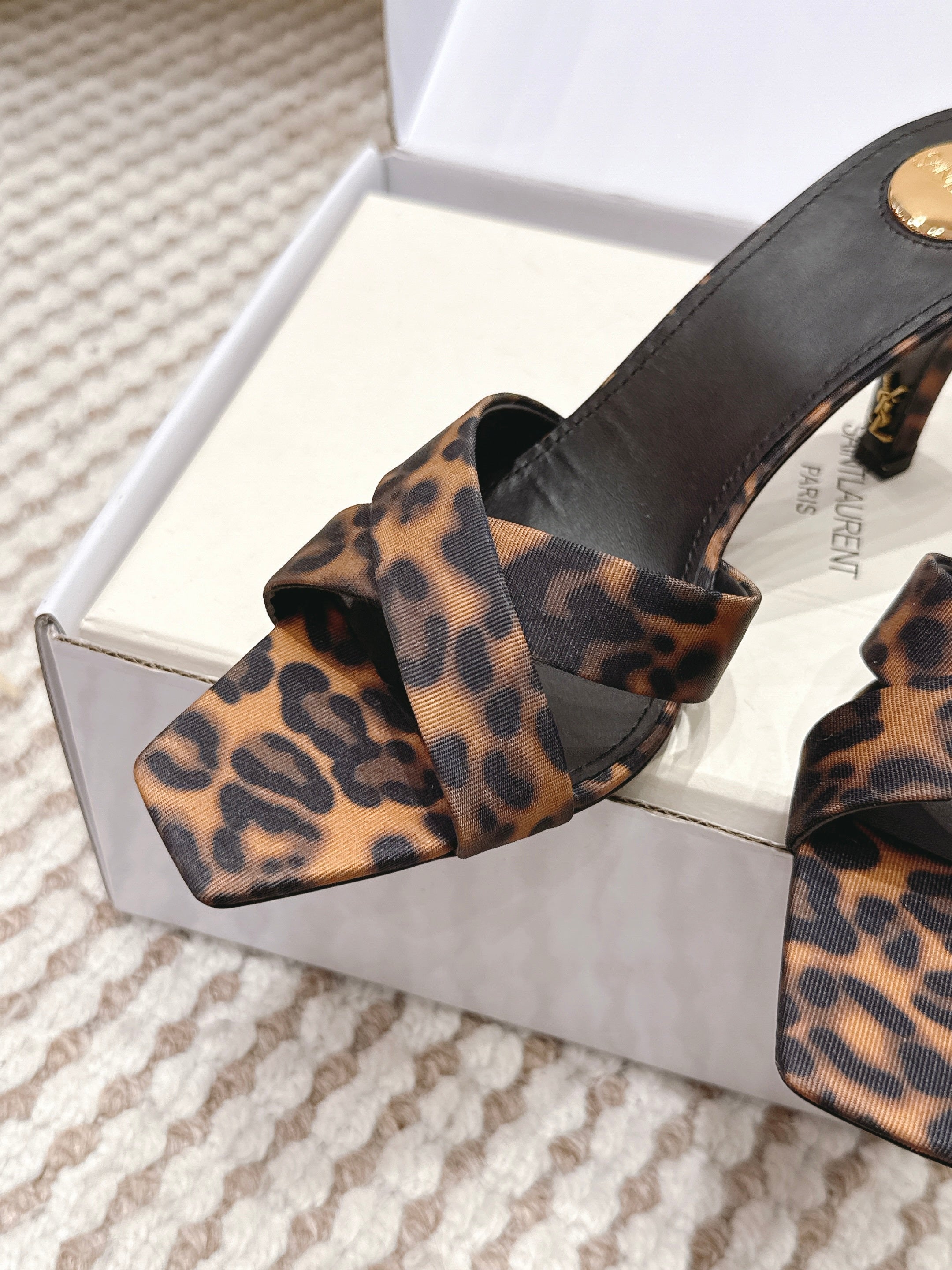 YSL 26ss High-Heeled Mules 75 Leopard Print Fabric Leather 660664