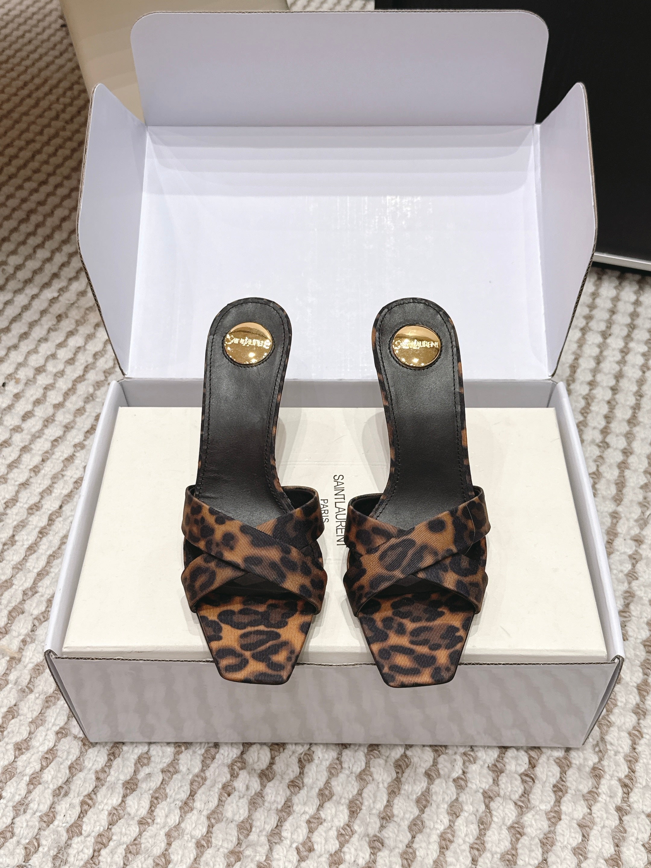 YSL 26ss High-Heeled Mules 75 Leopard Print Fabric Leather 660664