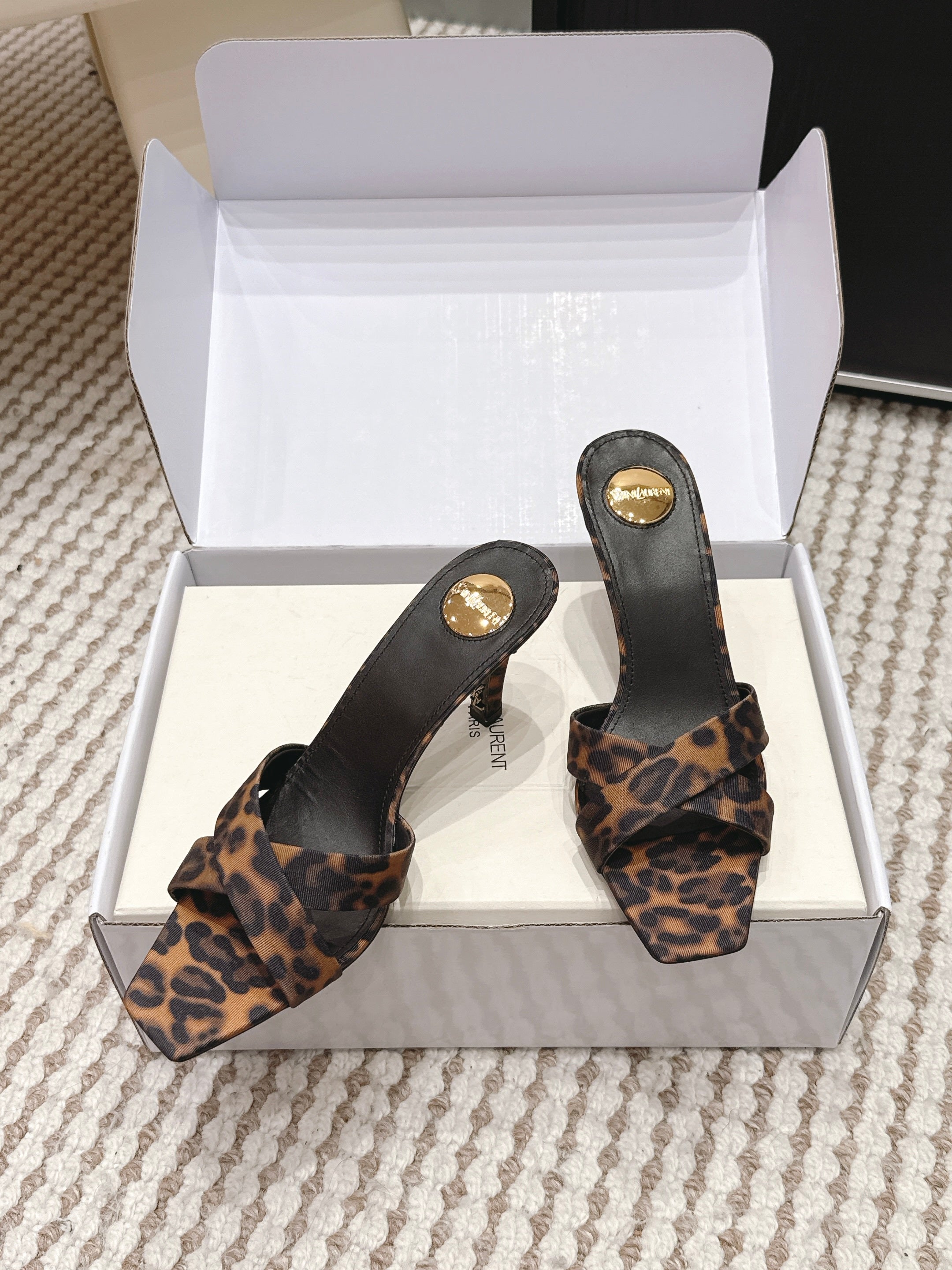 YSL 26ss High-Heeled Mules 75 Leopard Print Fabric Leather 660664