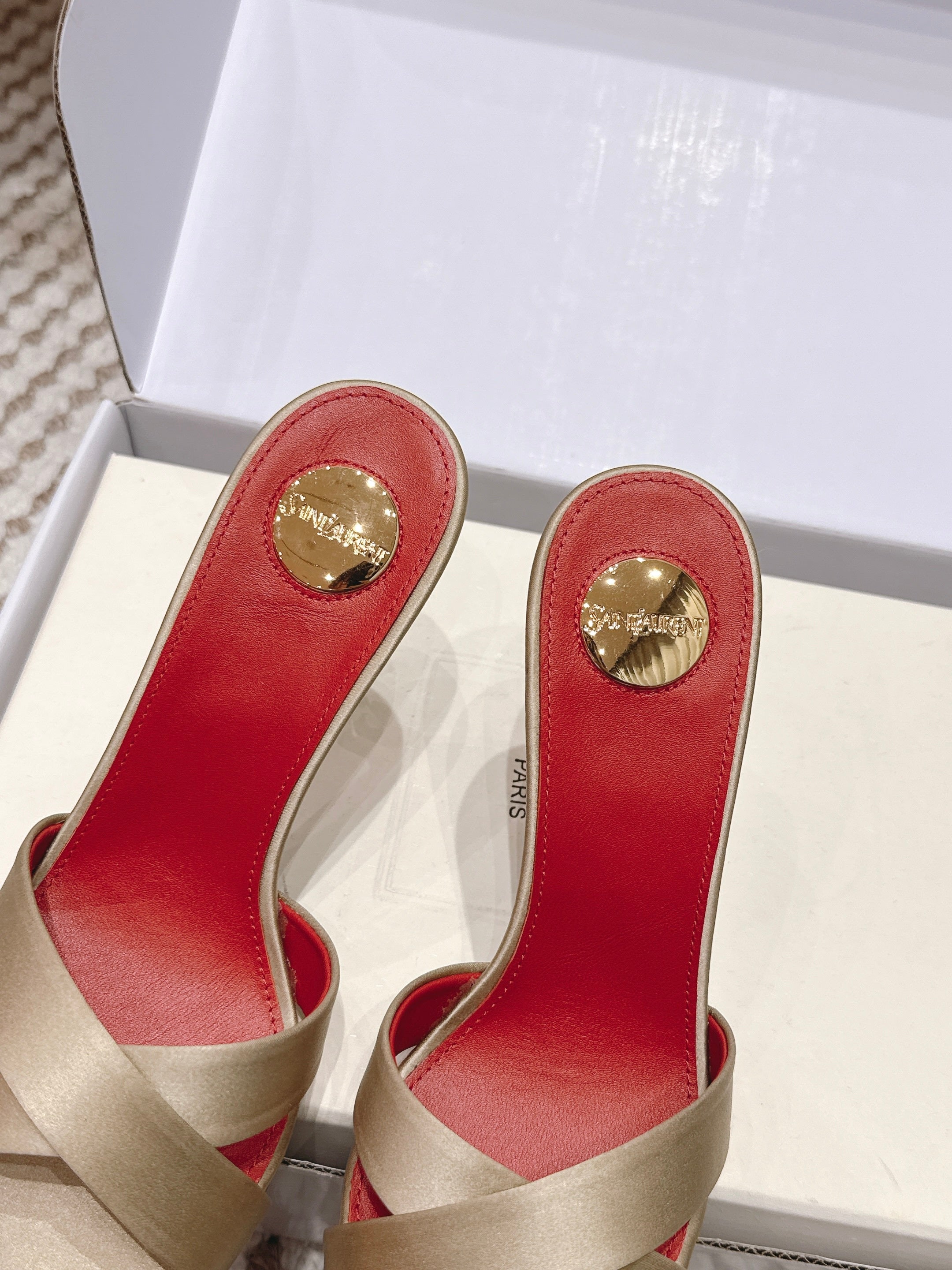 YSL 26ss High-Heeled Mules 85 Gold Champage Red Satin Leather 660674