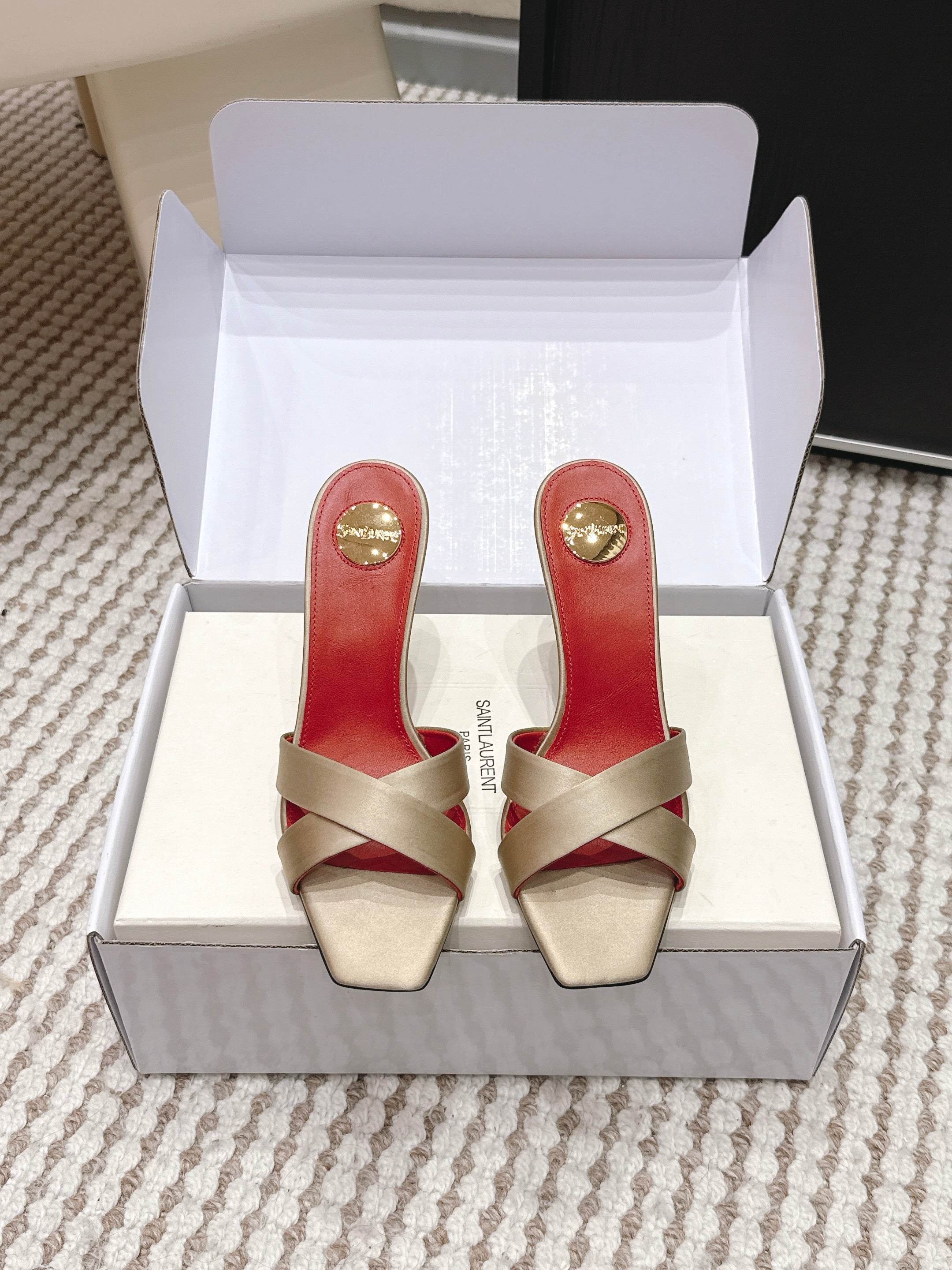 YSL 26ss High-Heeled Mules 85 Gold Champage Red Satin Leather 660674