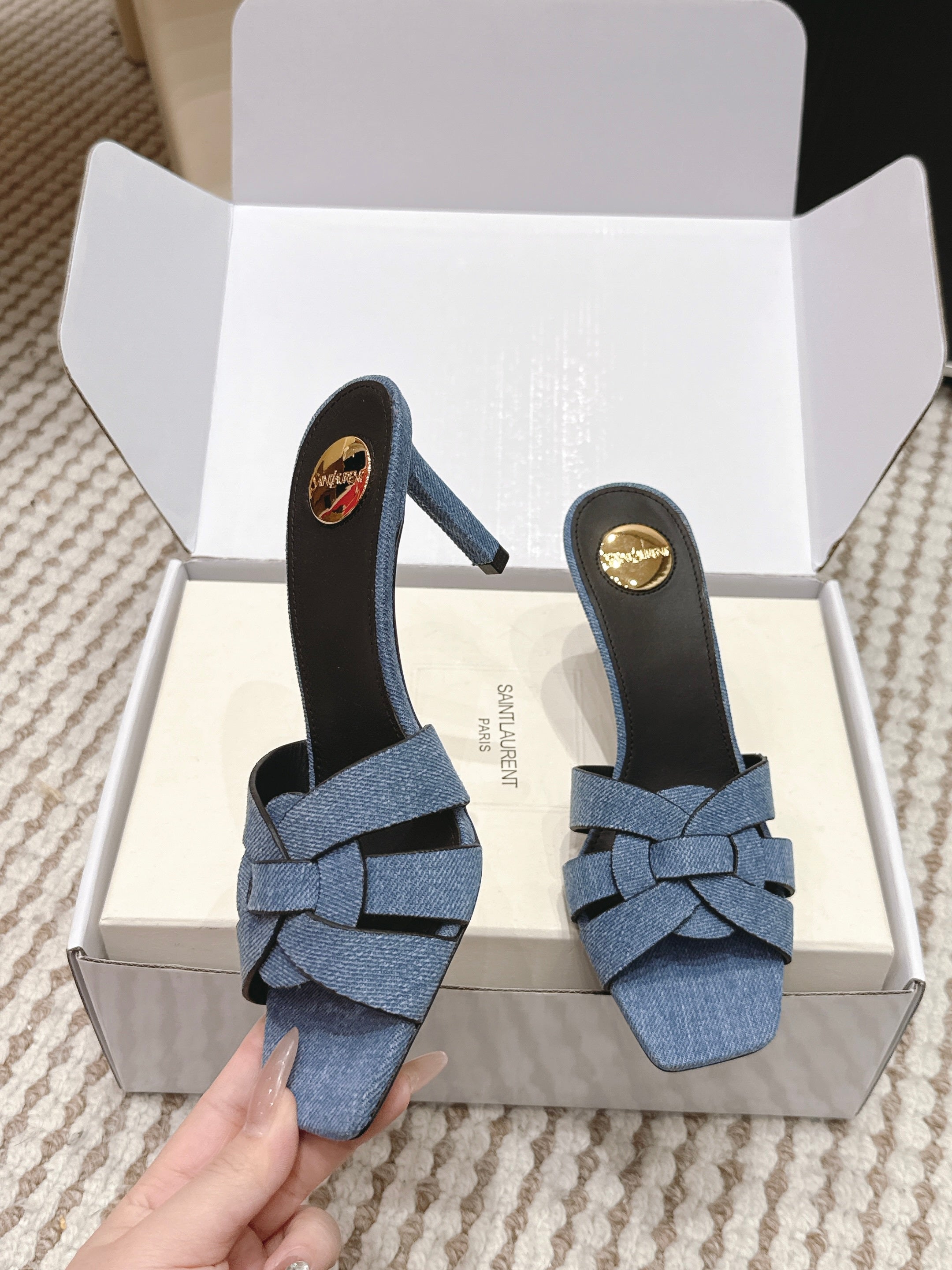 YSL 26ss High-Heeled Slippers 75 Blue Black Denim Calfskin 654747