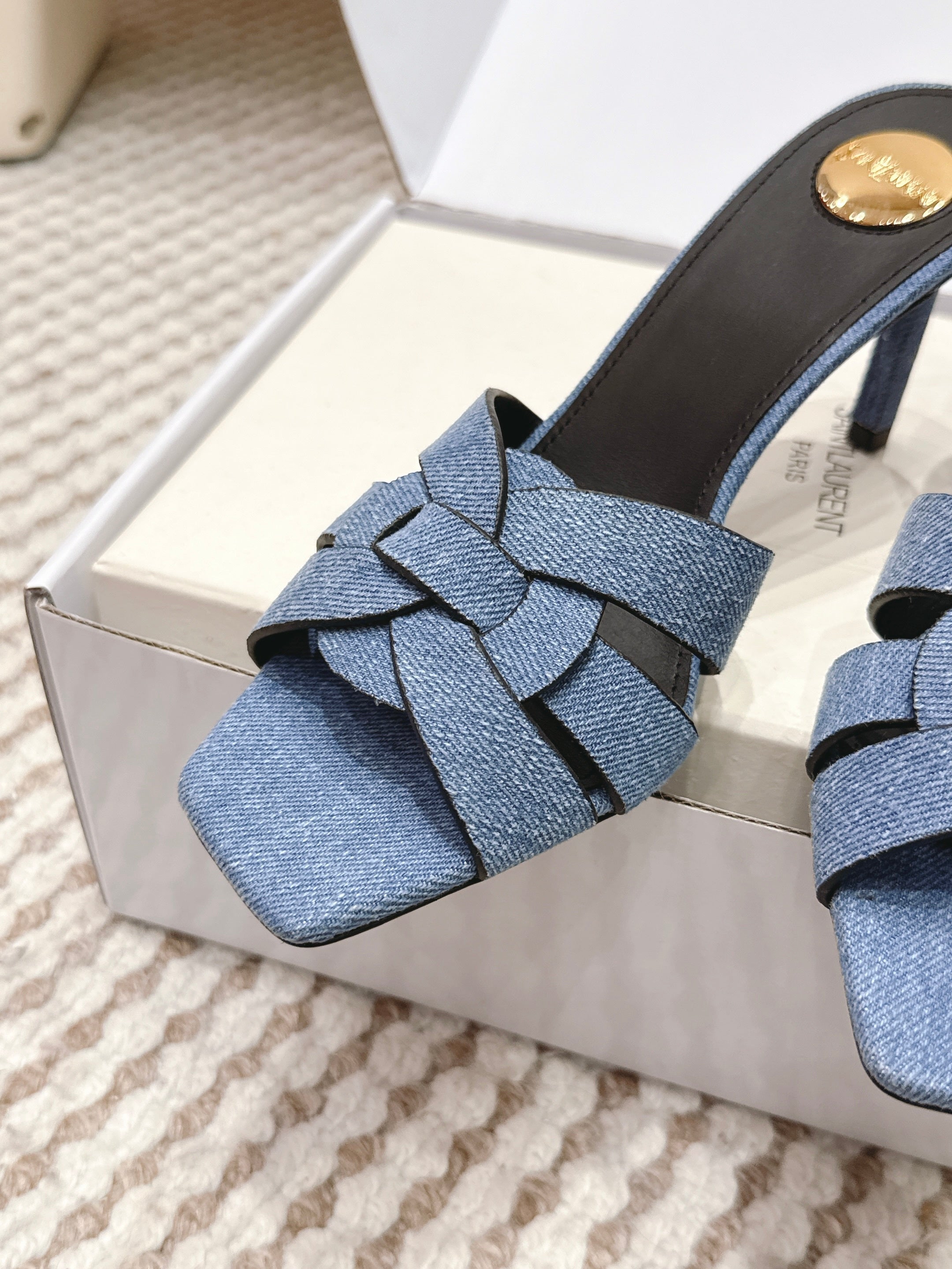 YSL 26ss High-Heeled Slippers 75 Blue Black Denim Calfskin 654747