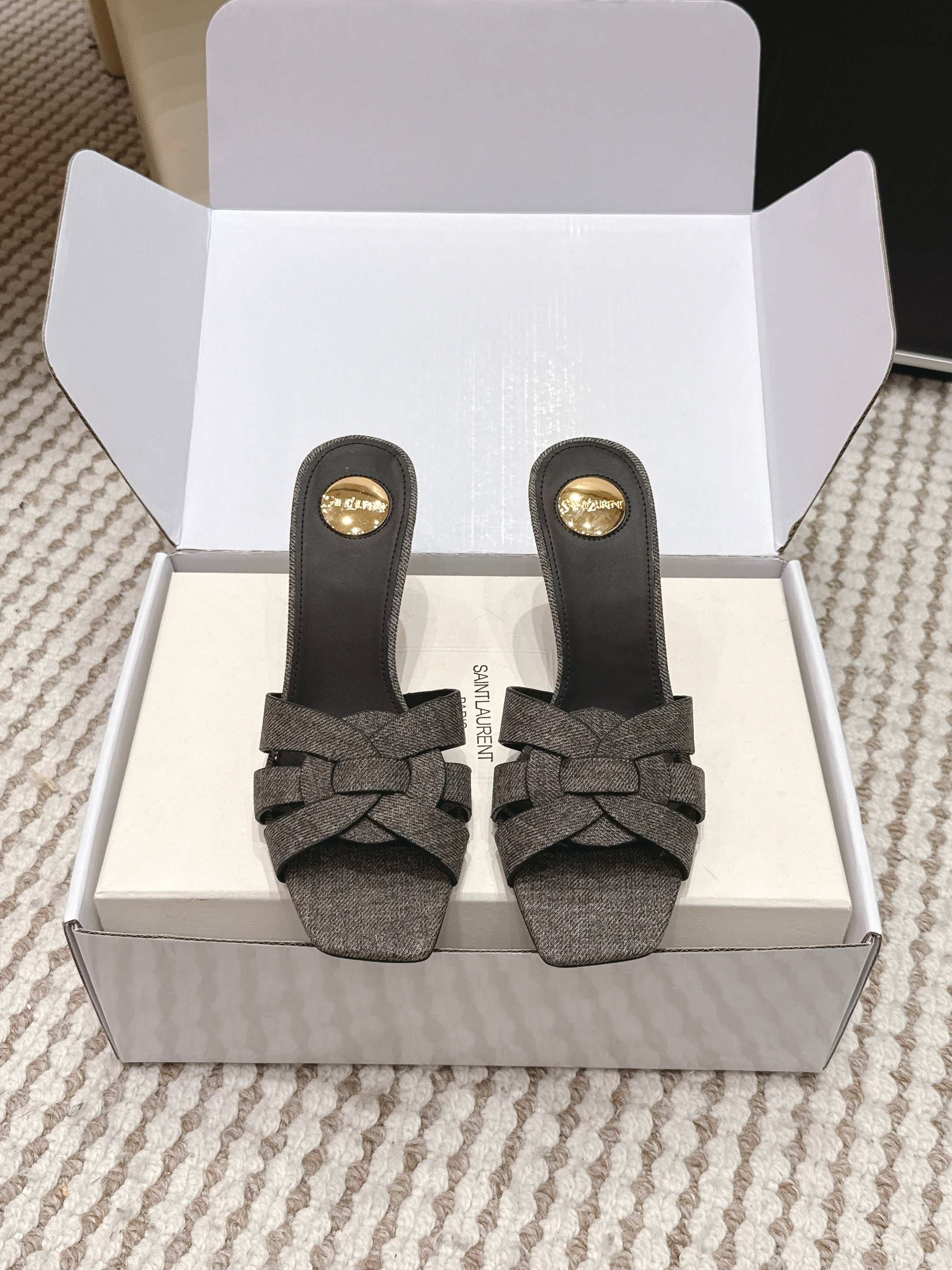 YSL 26ss High-Heeled Slippers 75  Dark Gray Canvas Calfskin 654748