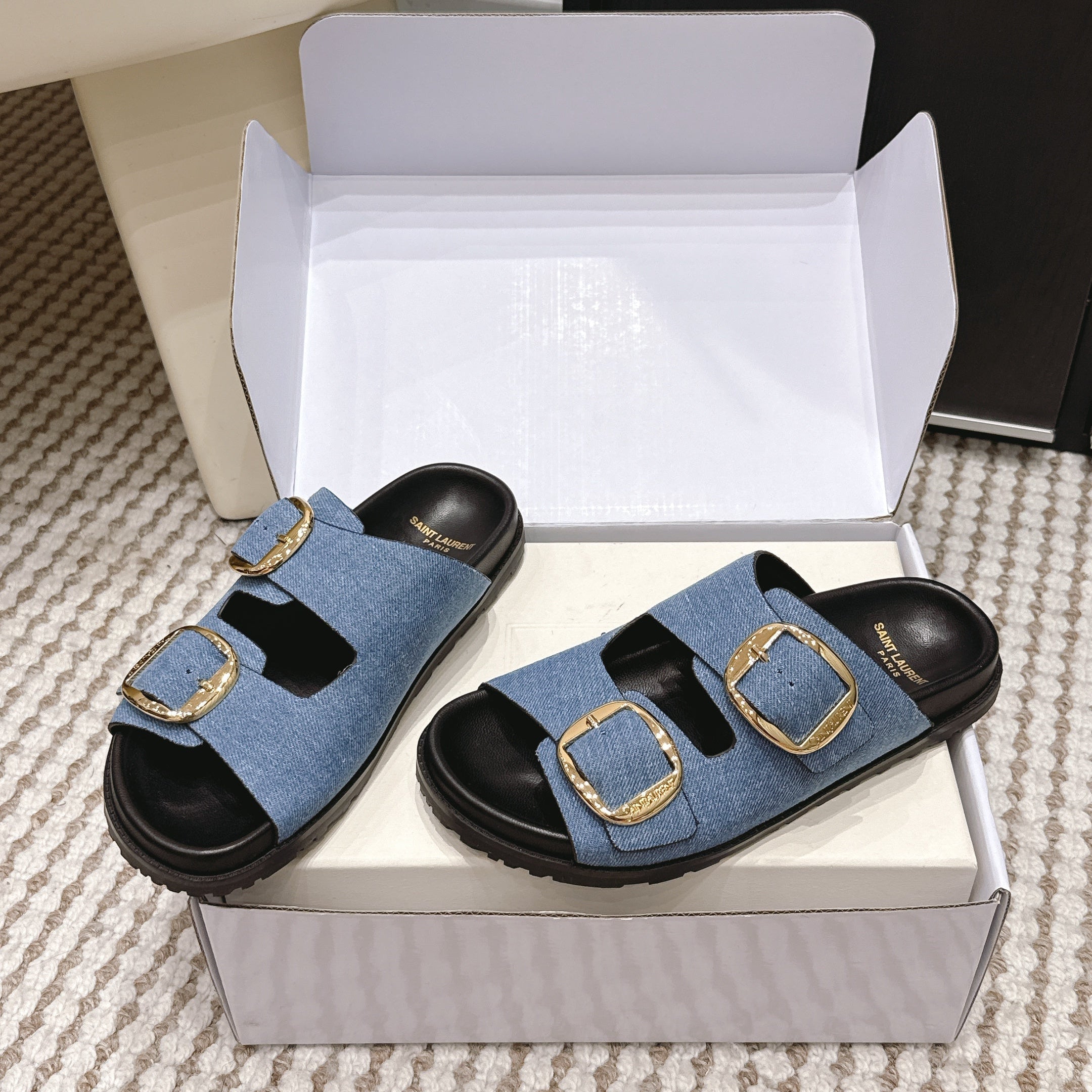 YSL 26ss Platform Slippers Black Blue Denim Leather 663209