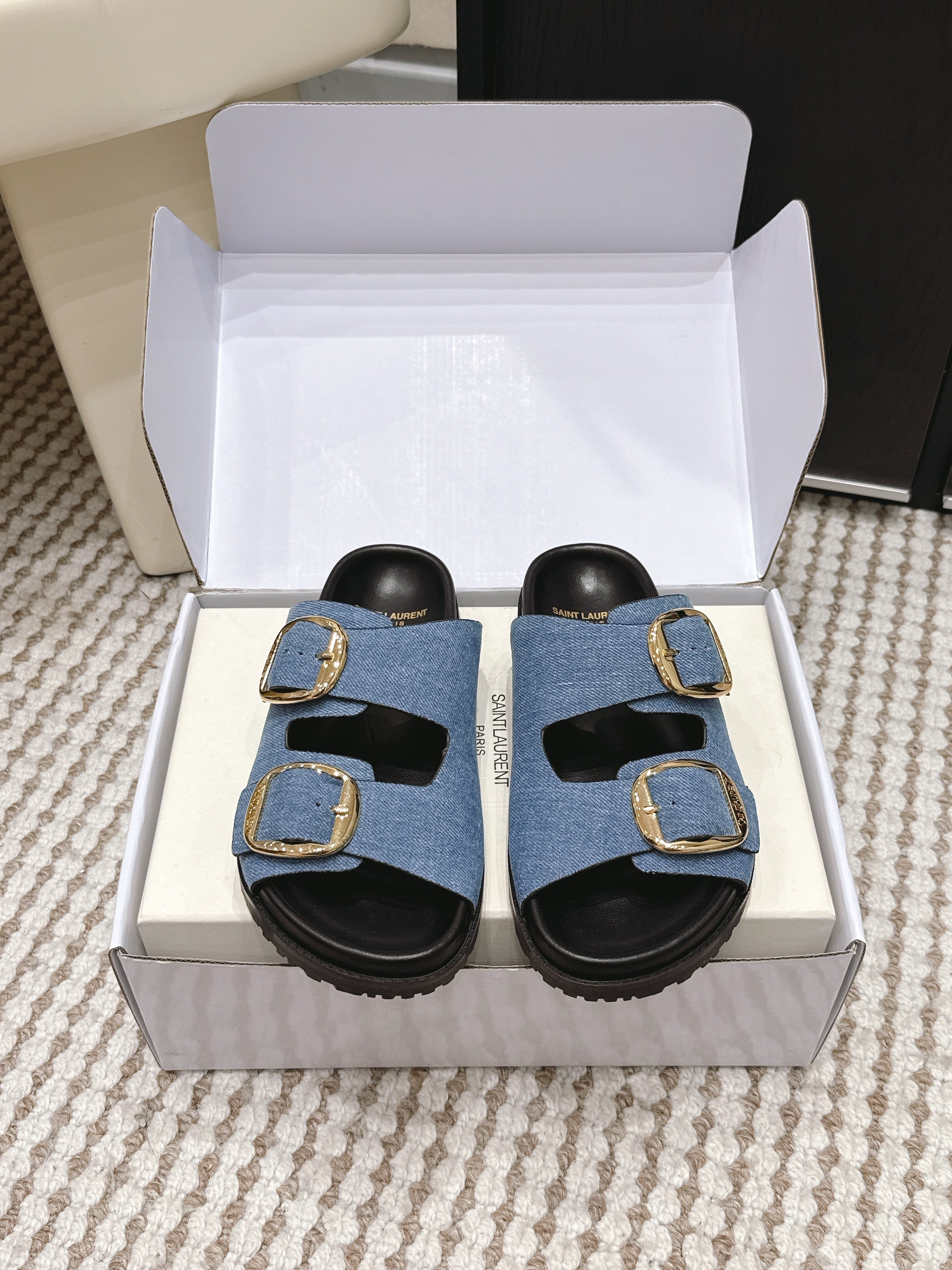 YSL 26ss Platform Slippers Black Blue Denim Leather 663209