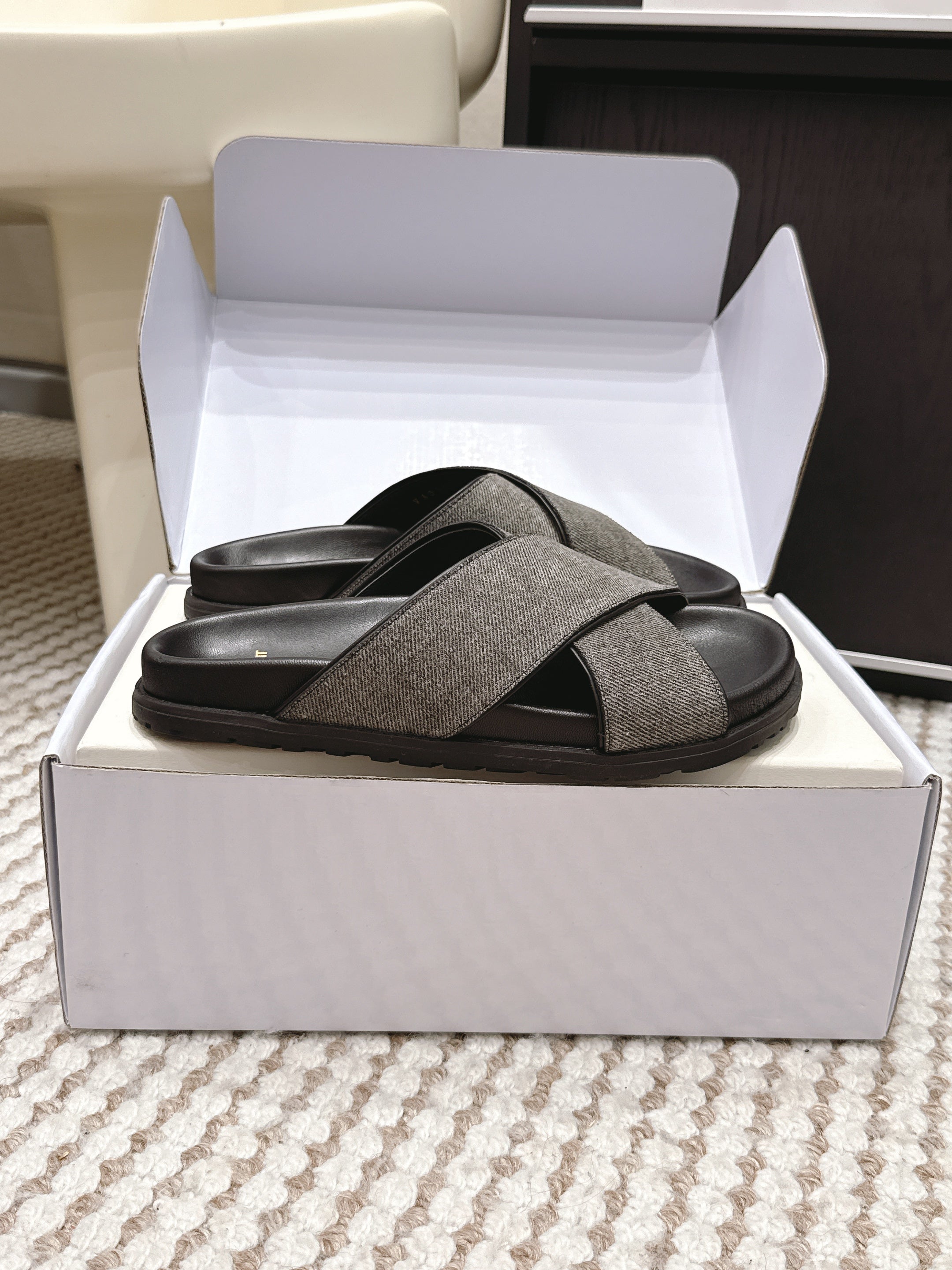 YSL 26ss Platform Slippers Black Gray Denim Leather 663216