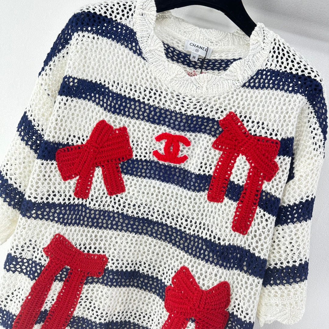 Chanel 2026 Bow Striped Short Sleeved Shirt White Red Wool 360696