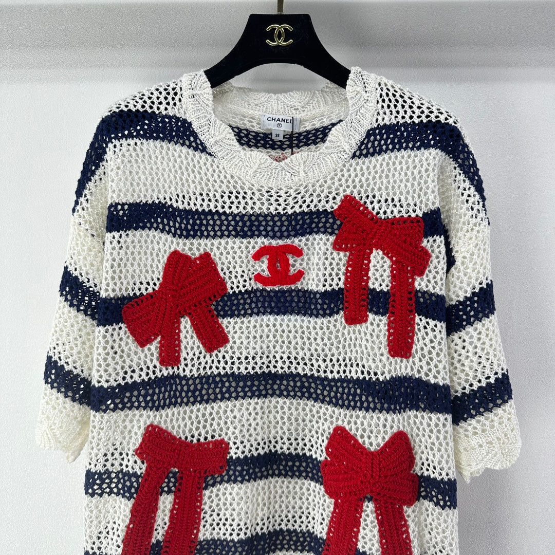 Chanel 2026 Bow Striped Short Sleeved Shirt White Red Wool 360696