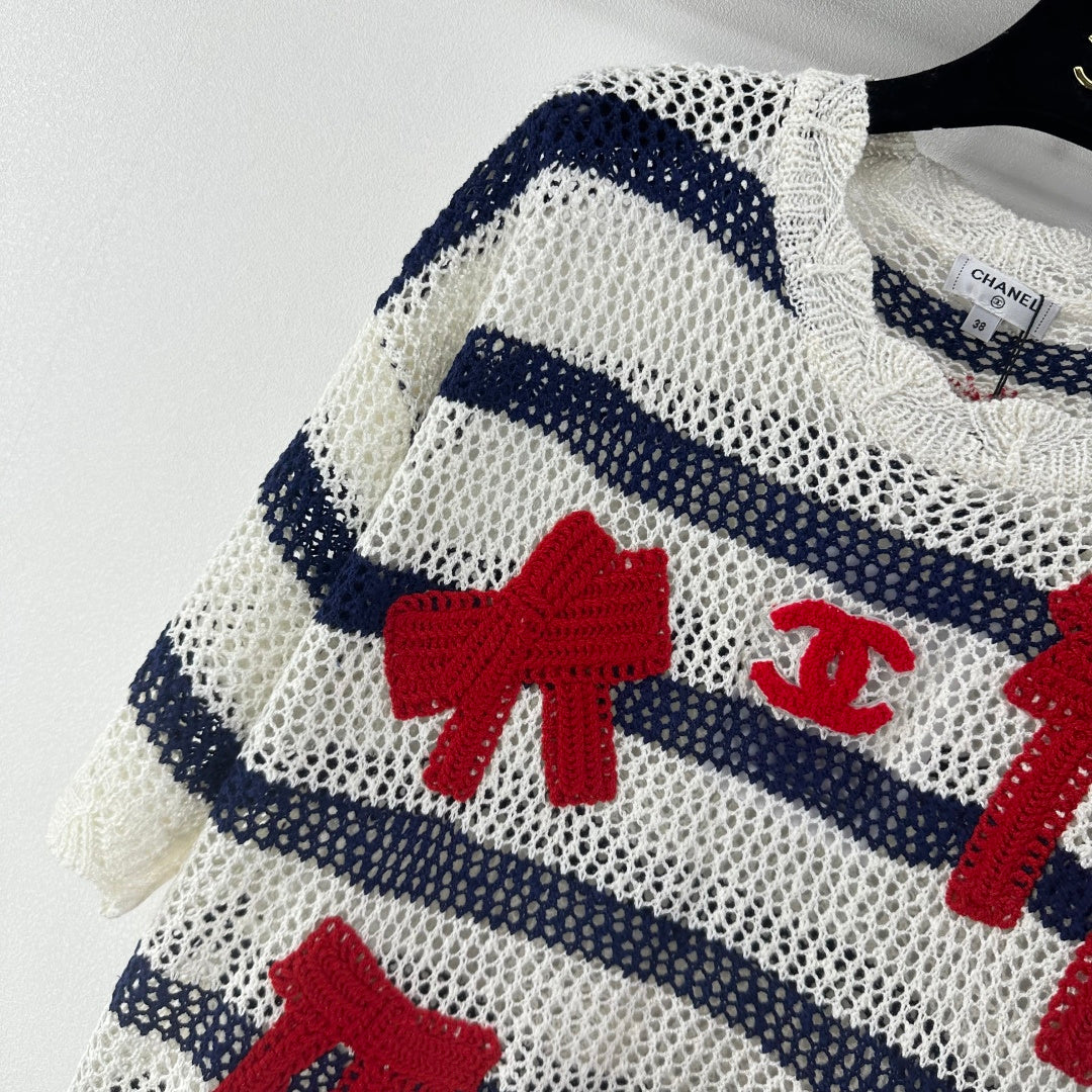 Chanel 2026 Bow Striped Short Sleeved Shirt White Red Wool 360696