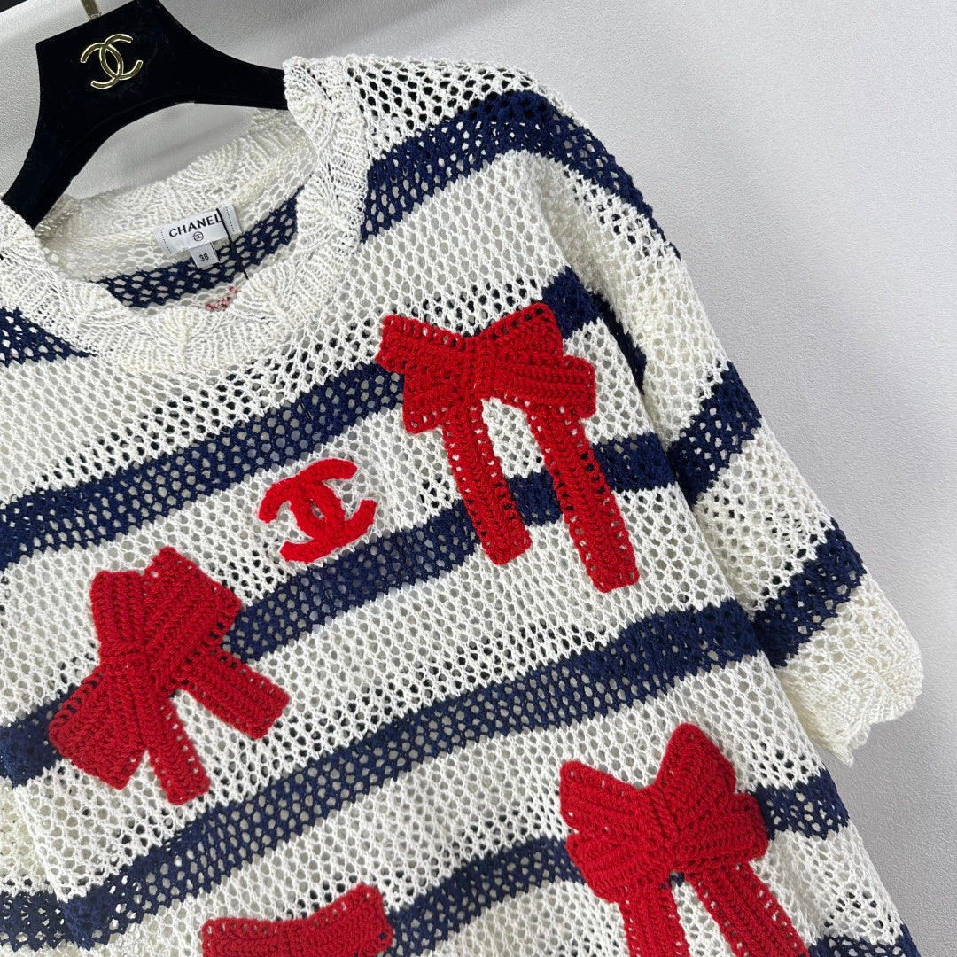 Chanel 2026 Bow Striped Short Sleeved Shirt White Red Wool 360696