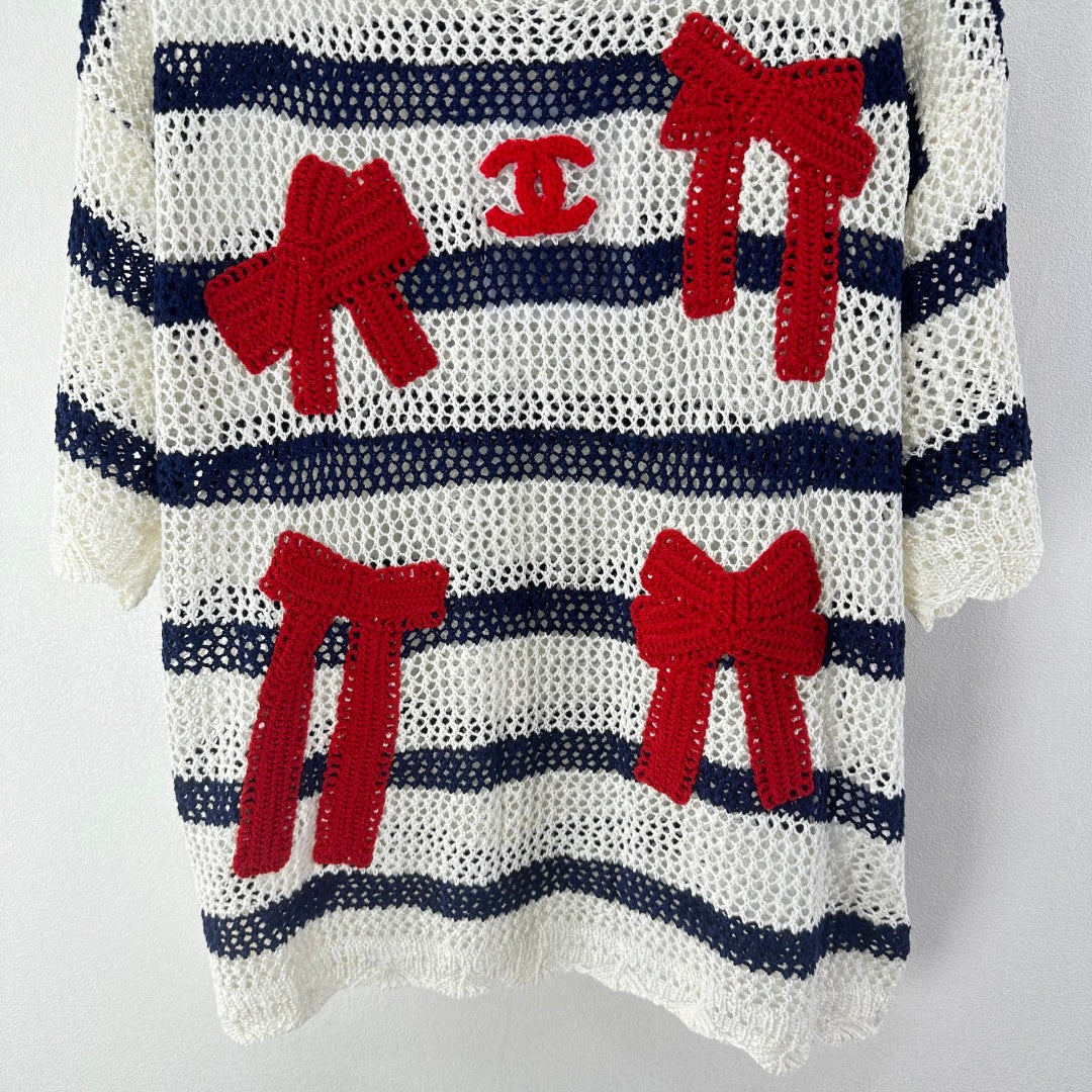 Chanel 2026 Bow Striped Short Sleeved Shirt White Red Wool 360696