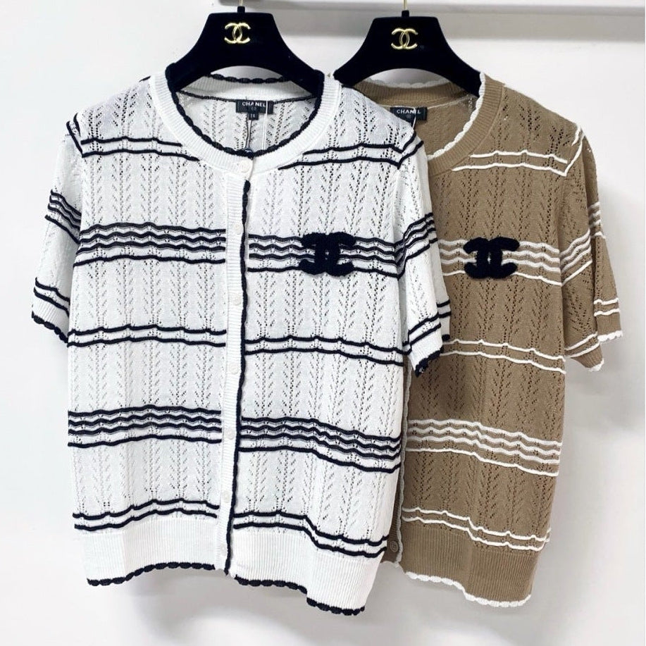 Chanel 2026 Striped Knit Short Sleeve Cardigan Mercerized Wool 435114