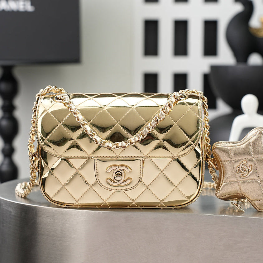 Chane 2026 Flap Mirror Bag Gold And Silver Metallic Calfskin