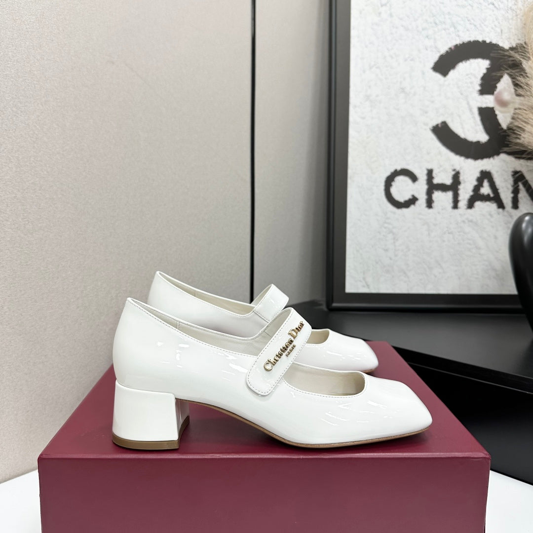 Dior 2026 Square Toe Velcro Chunky Heel Mary Jane Shoes 50mm Patent Leather