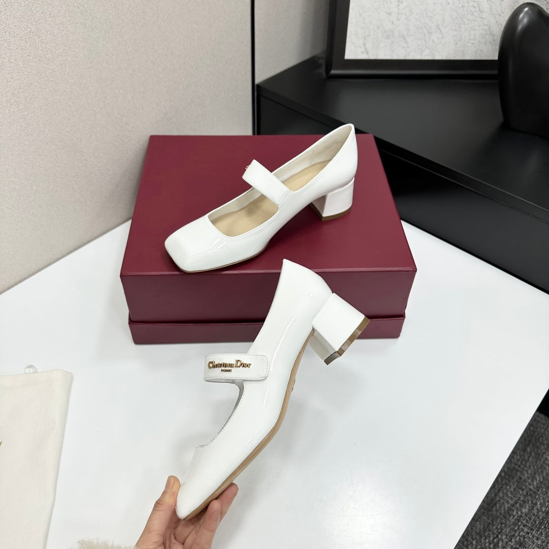 Dior 2026 Square Toe Velcro Chunky Heel Mary Jane Shoes 50mm Patent Leather