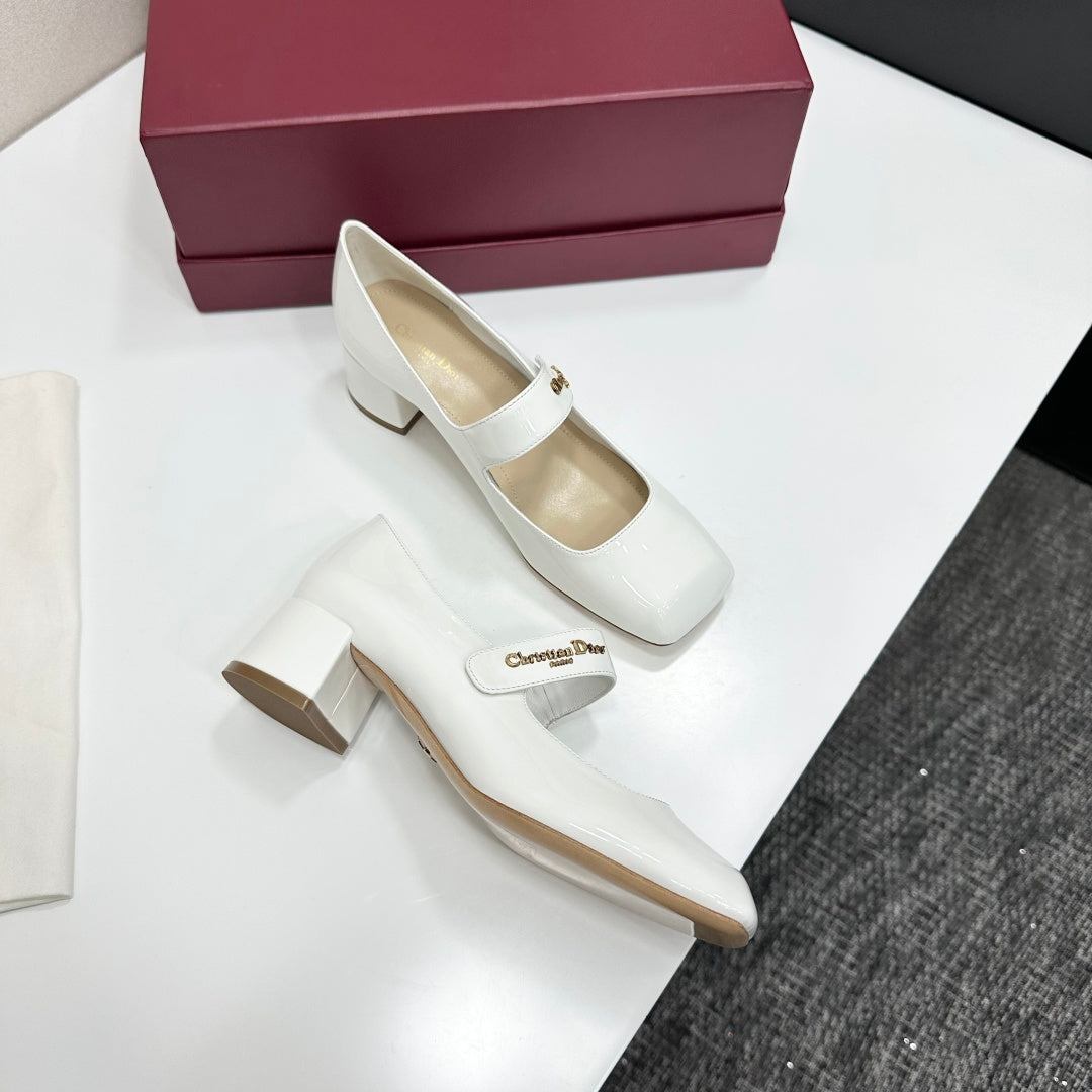 Dior 2026 Square Toe Velcro Chunky Heel Mary Jane Shoes 50mm Patent Leather