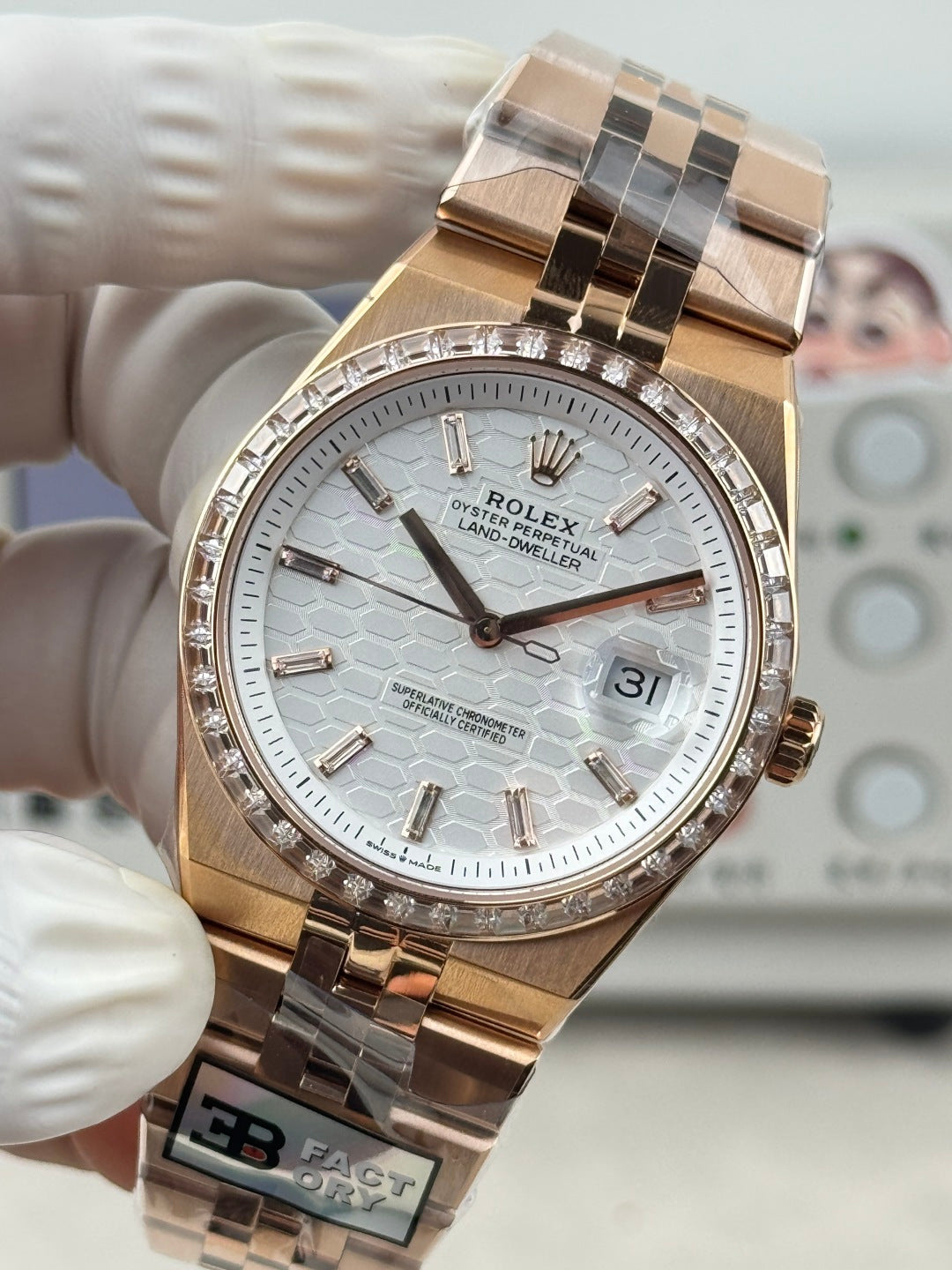 Rolex Land-Dweller Pink Gold White Dial Diamond Bezel
