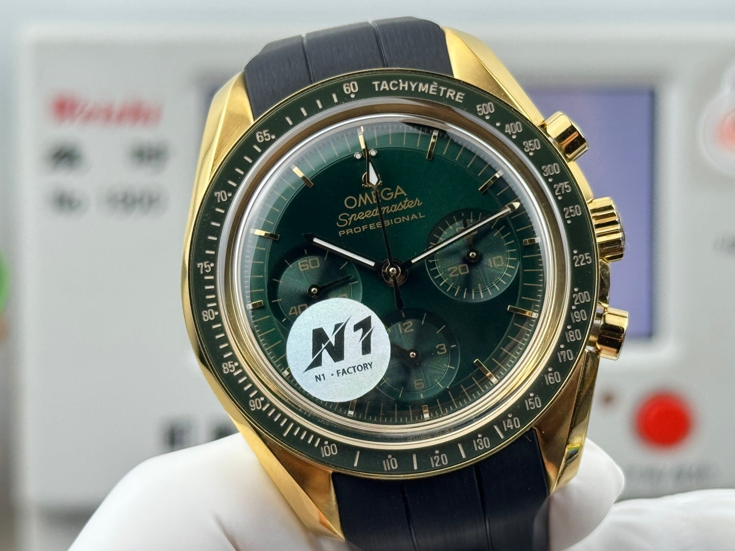 Omega Speedmaster Moonwatch Professional 42mm Green Dial Gold Case Rubber Strap