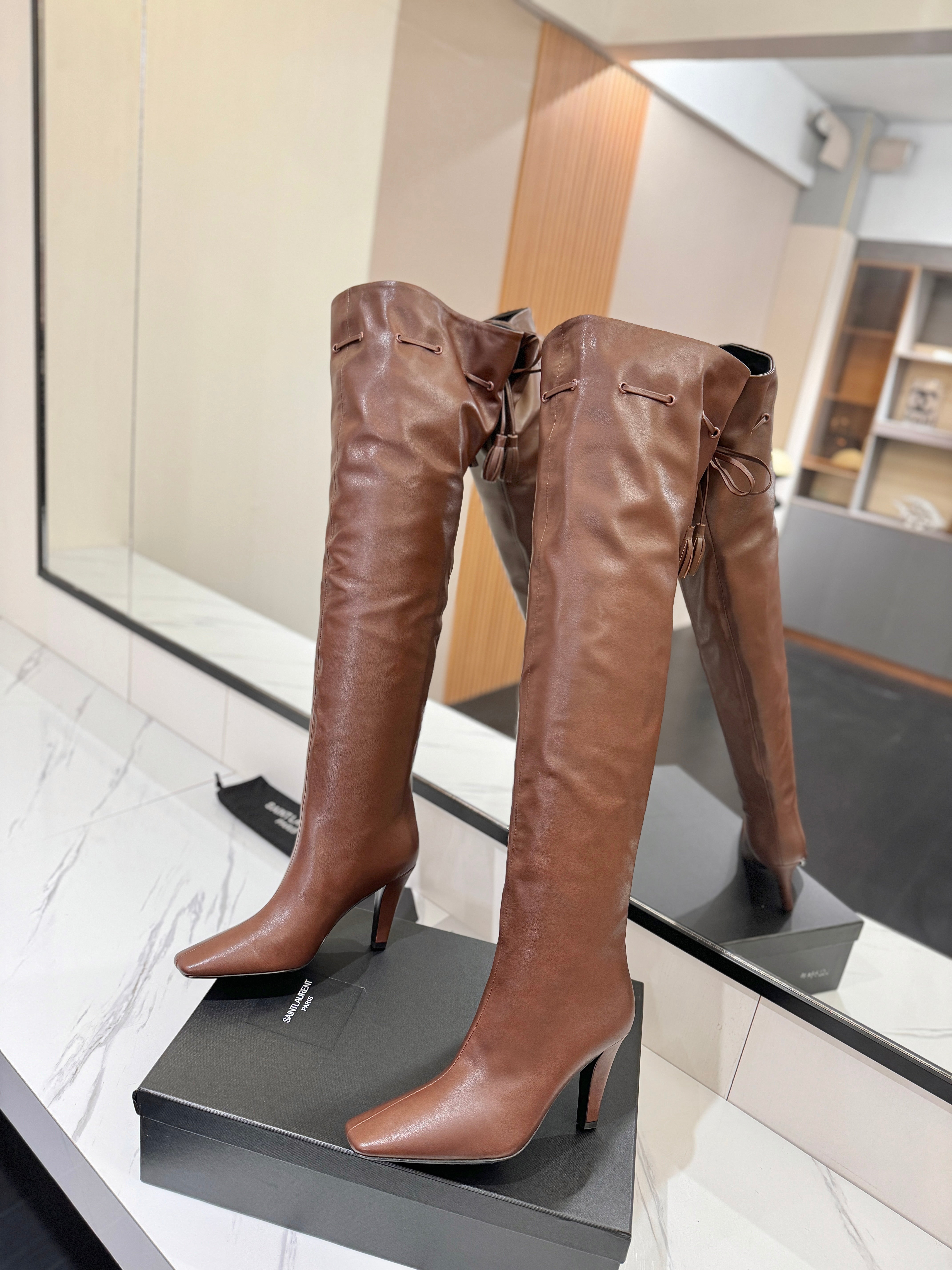 YSL 25 Over-the-Knee Martin Boot Brown Calfskin 520783
