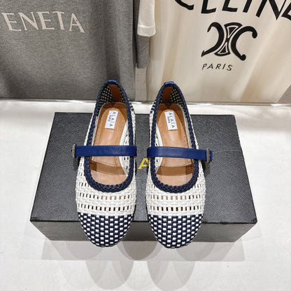 ALAIA MARY JANE FLATS white mix navy blue woven calfskin pattent