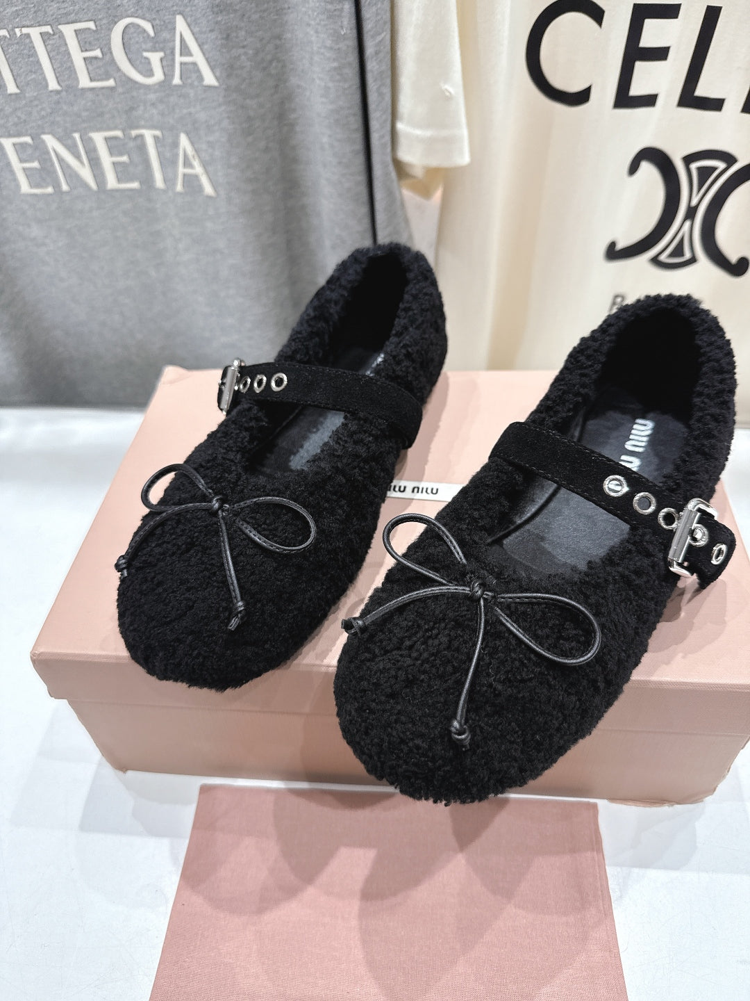 MiuMiu 25 Ballet Flat Black Lambskin Wool 535592