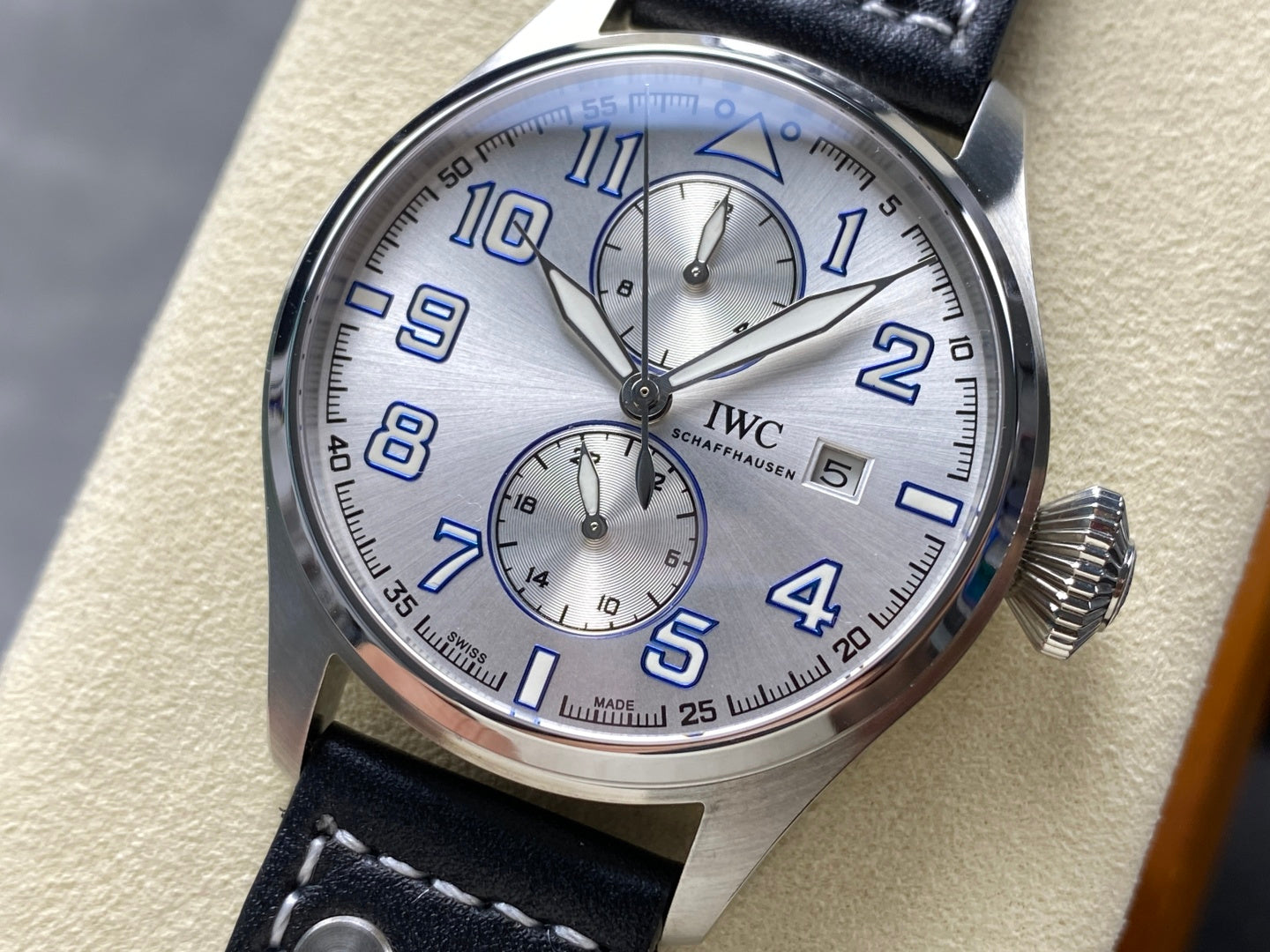 IWC Big Pilot 46mm Silver Blue Dial Steel Case Black Leather Strap