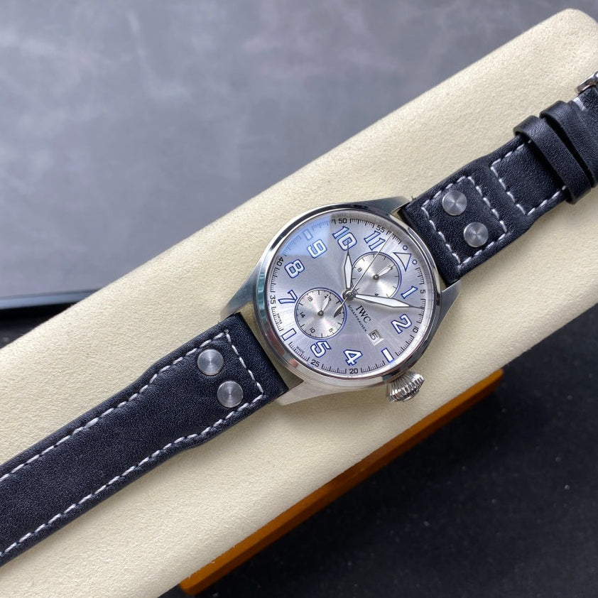 IWC Big Pilot 46mm Silver Blue Dial Steel Case Black Leather Strap