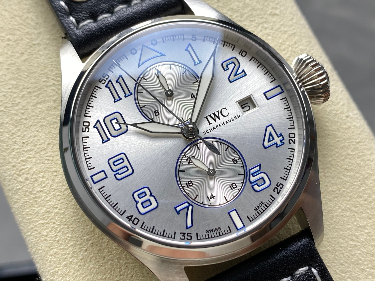 IWC Big Pilot 46mm Silver Blue Dial Steel Case Black Leather Strap
