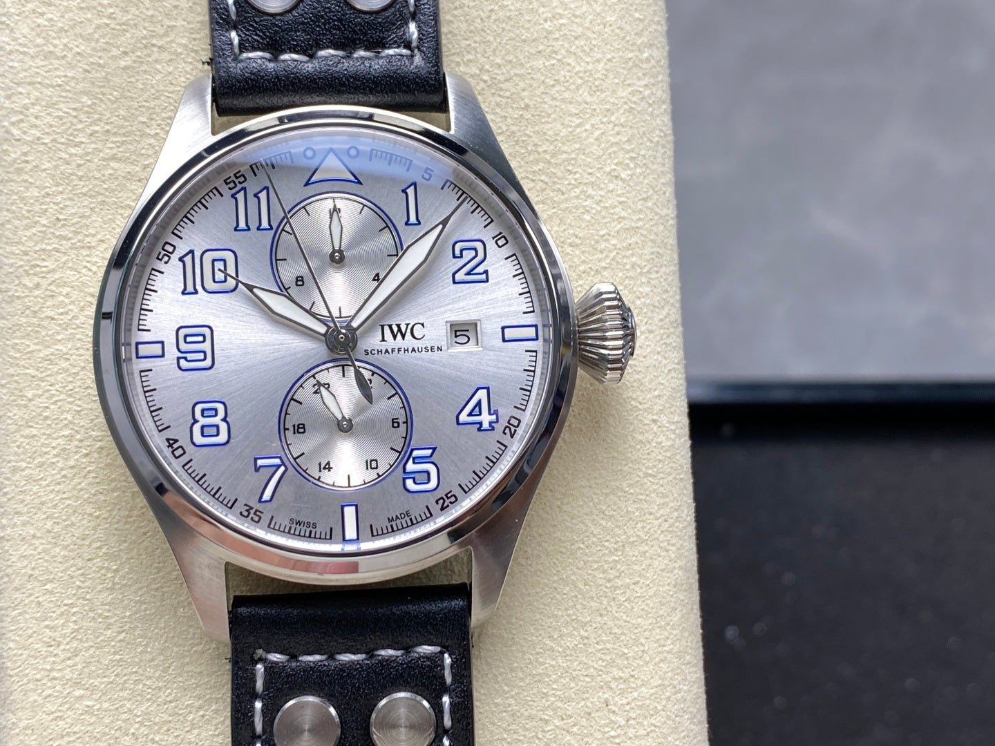 IWC Big Pilot 46mm Silver Blue Dial Steel Case Black Leather Strap