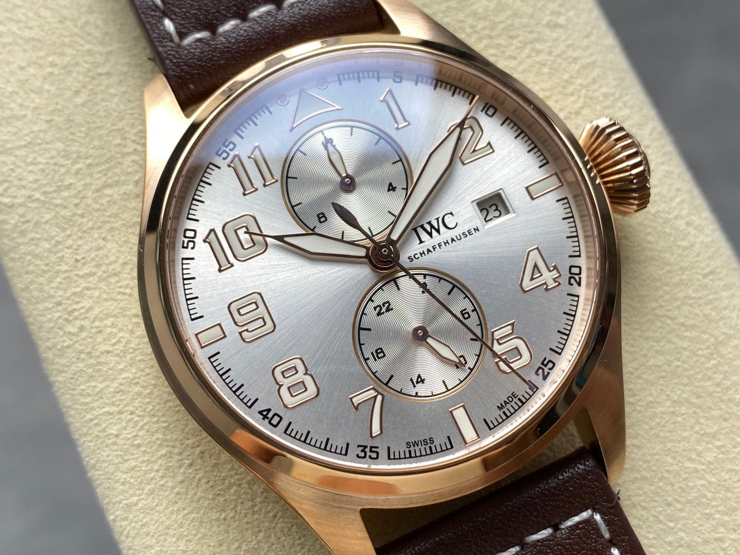 IWC Big Pilot 46mm Gray Dial Pink Gold Case Brown Leather Strap