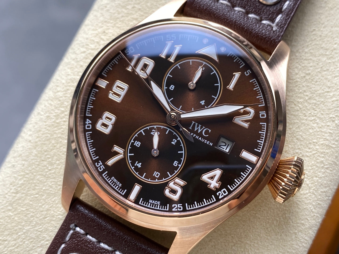 IWC Big Pilot 46mm Brown Dial Pink Gold Case Leather Strap