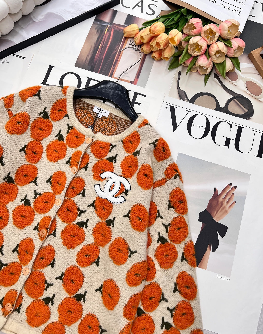 CC 26 Floral Pattern Cardigan Orange Beige Wool Cashmere 785282