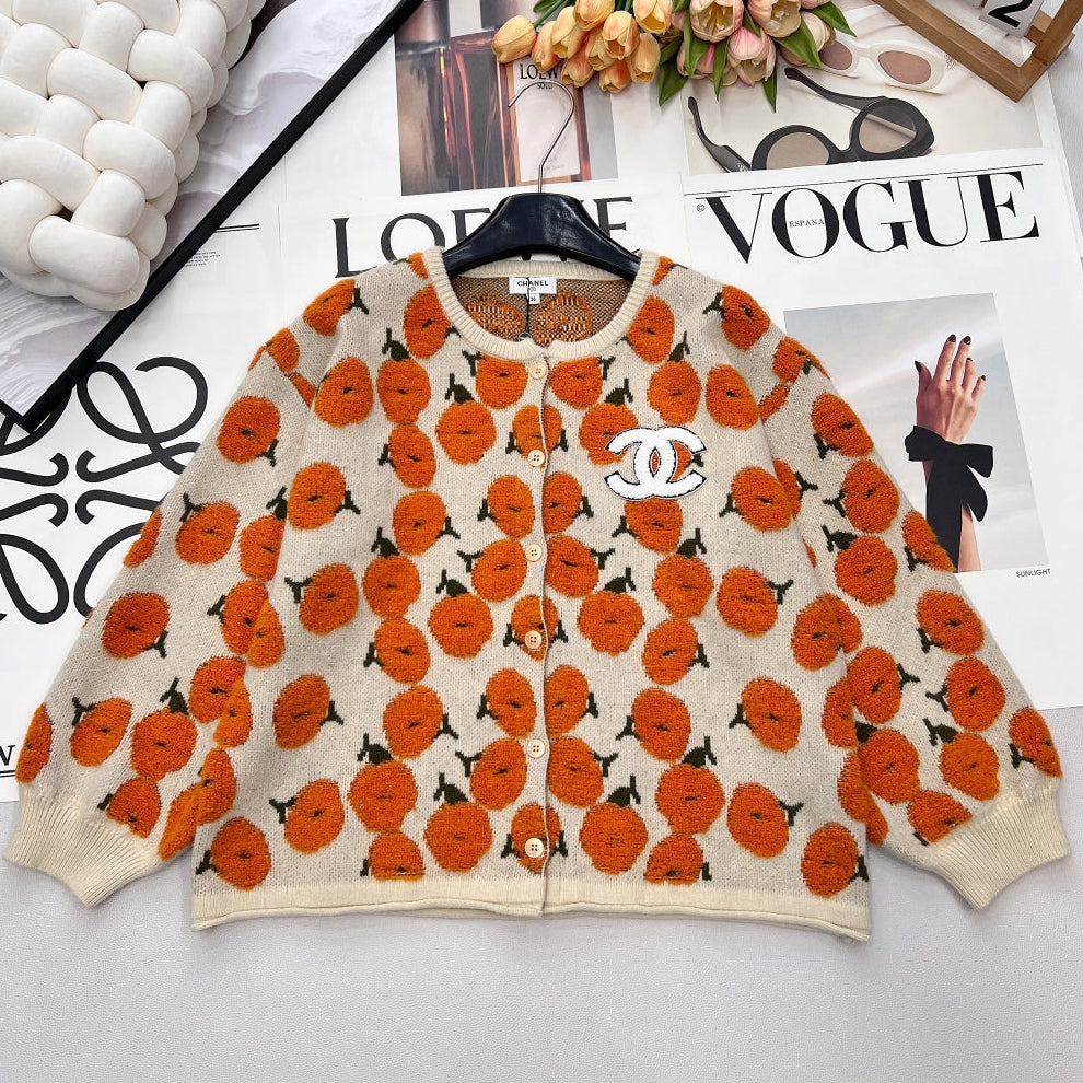 CC 26 Floral Pattern Cardigan Orange Beige Wool Cashmere 785282