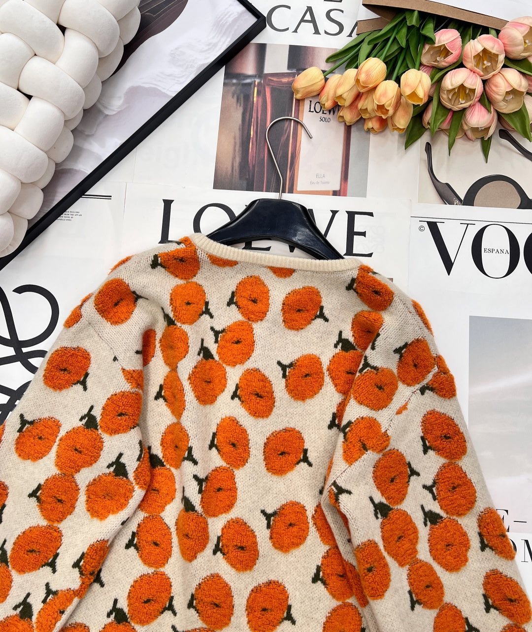 CC 26 Floral Pattern Cardigan Orange Beige Wool Cashmere 785282