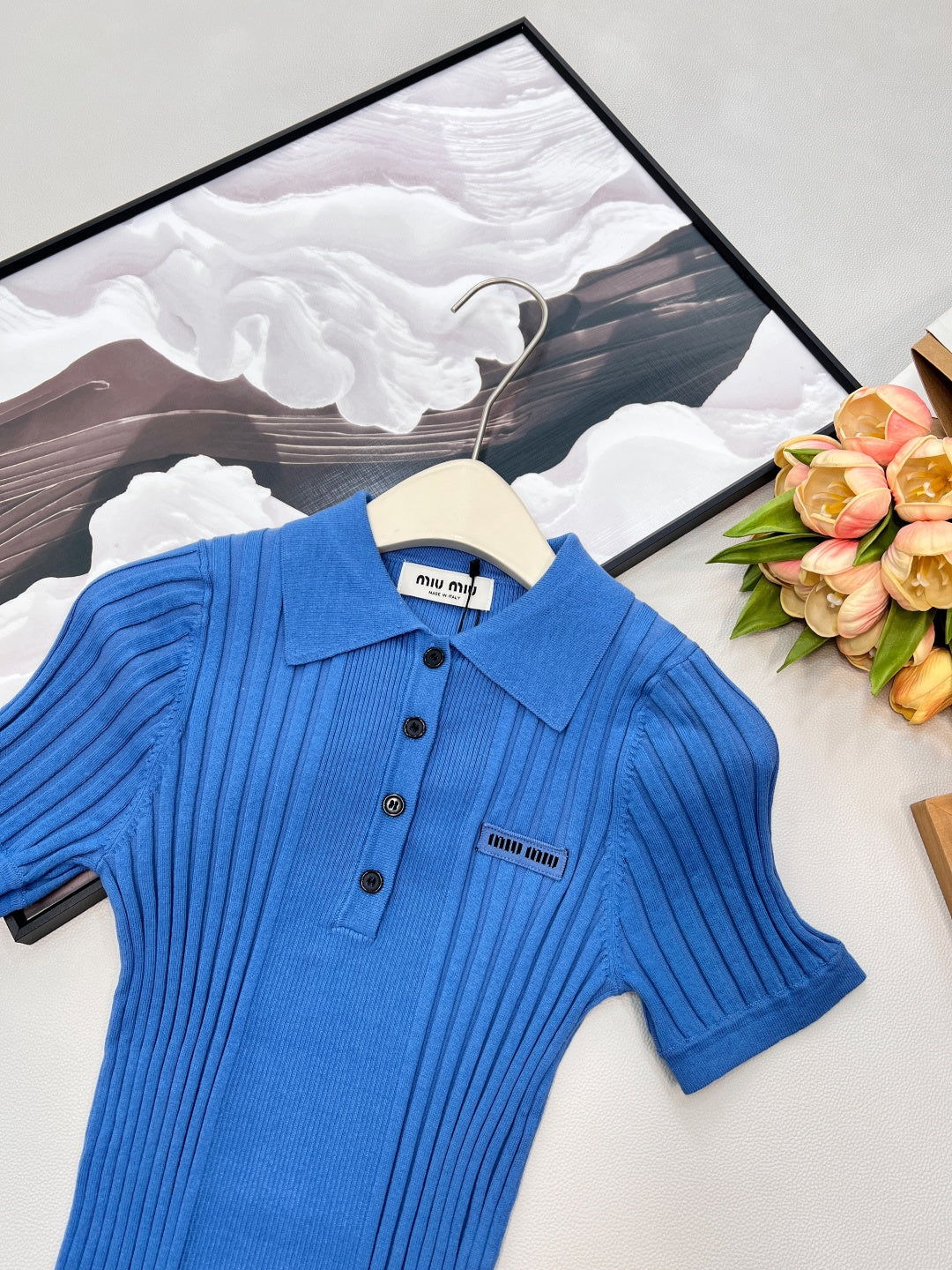 Miumiu 2026 Collared Logo Short-Sleeve Knit Top Blue Cotton