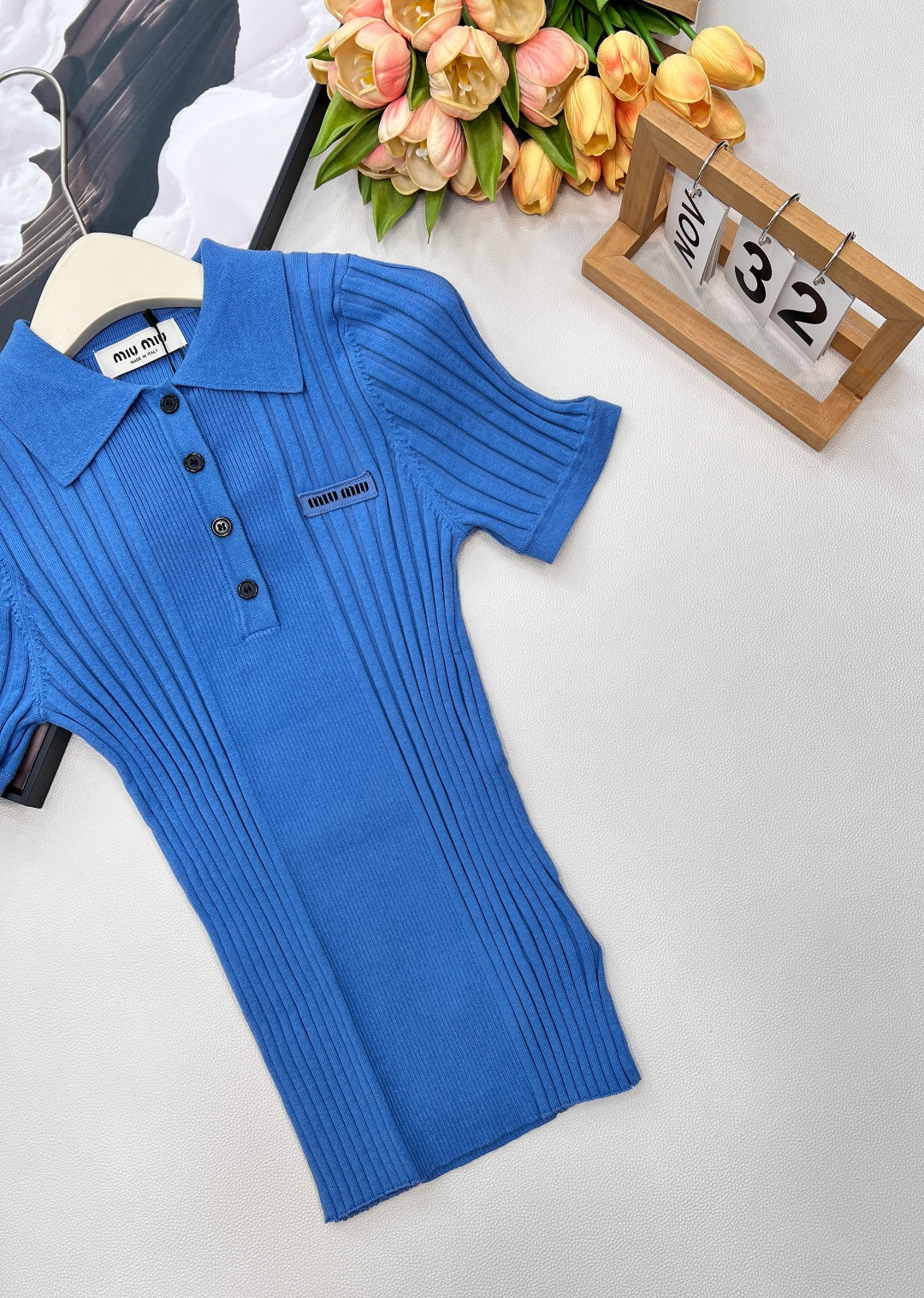 Miumiu 2026 Collared Logo Short-Sleeve Knit Top Blue Cotton