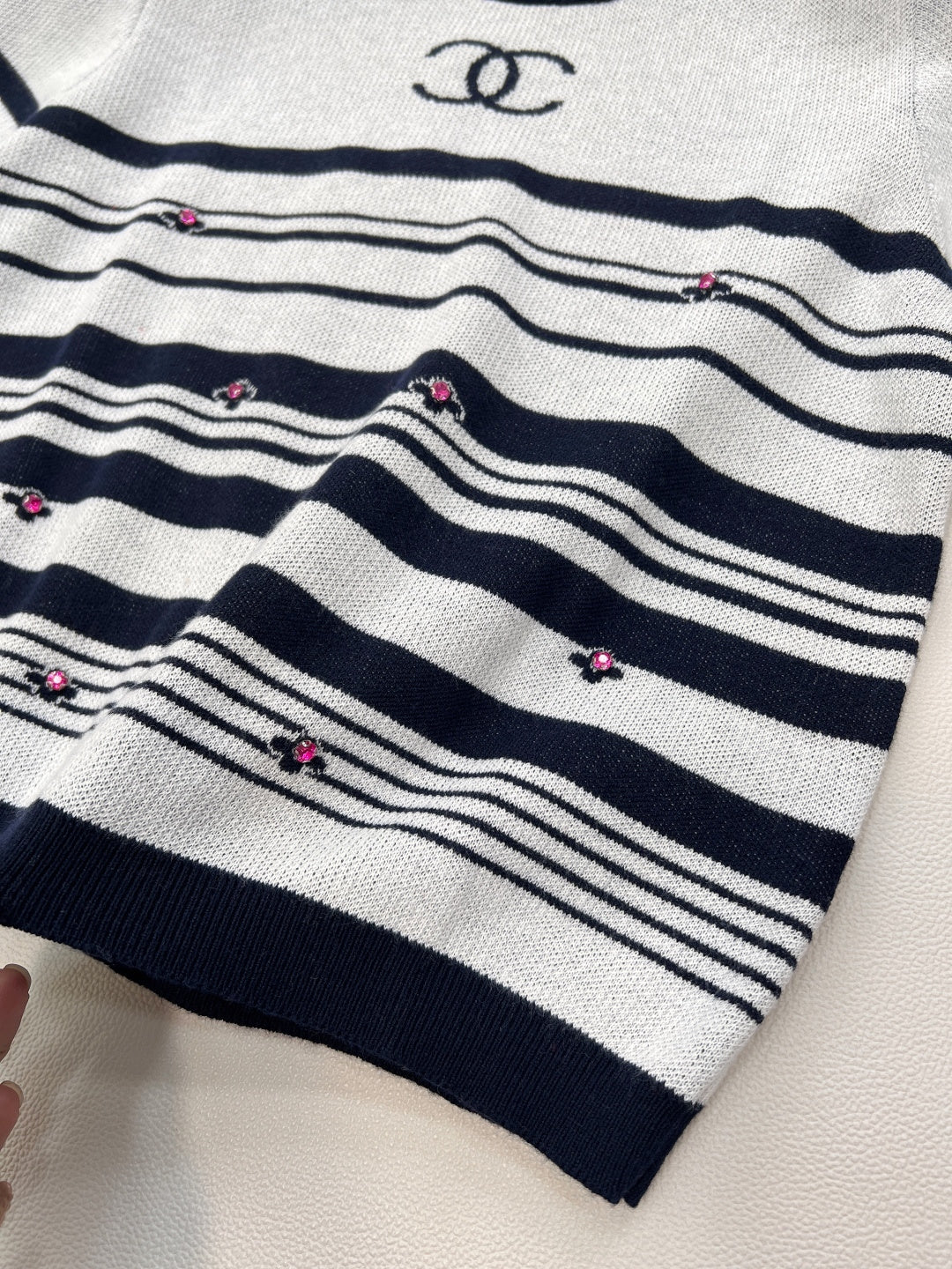 Chanel 2026 Striped Knit Short-Sleeve Top Black White Wool Nylon