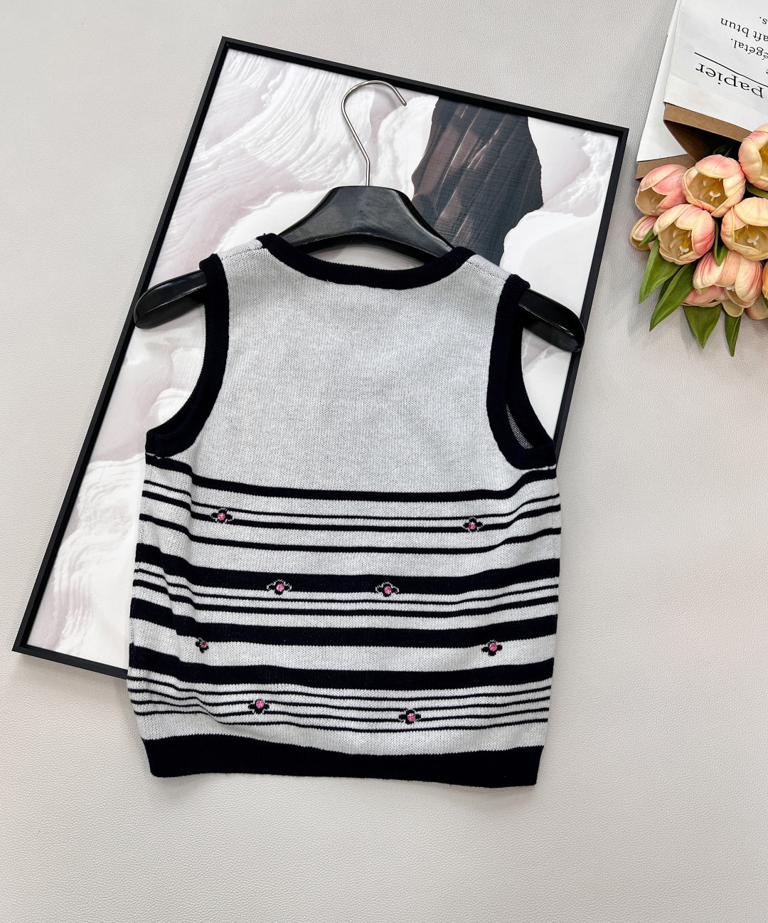 Chanel 2026 Striped Knit Vest Black White Wool Nylon