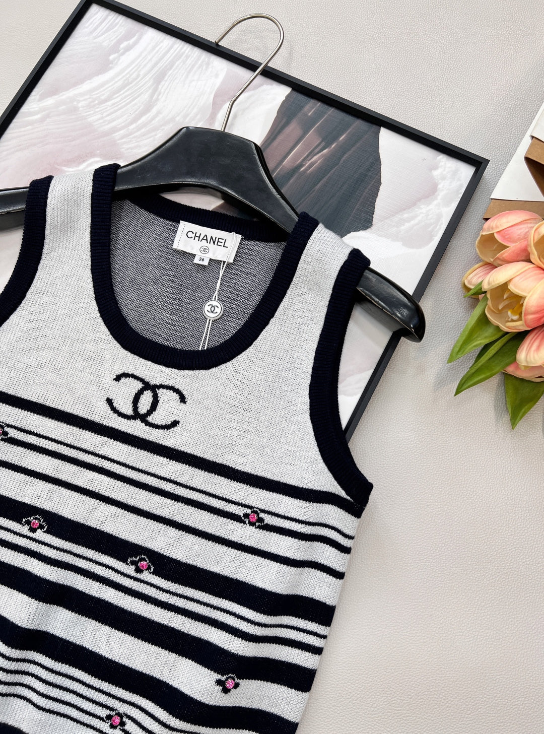 Chanel 2026 Striped Knit Vest Black White Wool Nylon