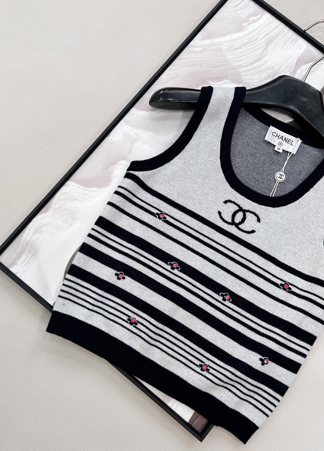 Chanel 2026 Striped Knit Vest Black White Wool Nylon