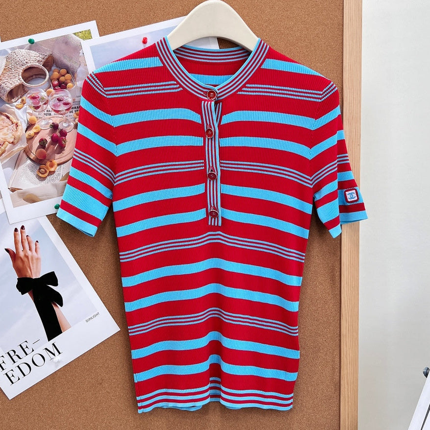 Chanel 2026 Red And Turquoise Striped Tencel Top 481971