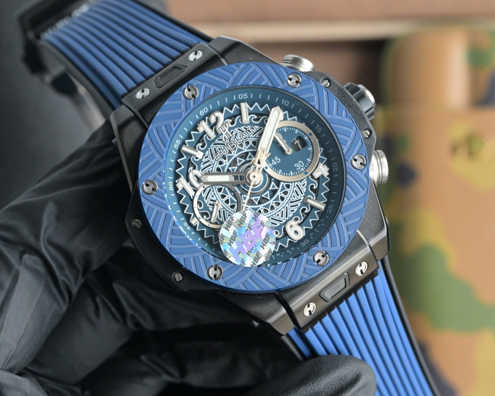 Hublot Big Bang Unico 45mm Blue Benzel Black Ceramic Case Blue Rubber Strap