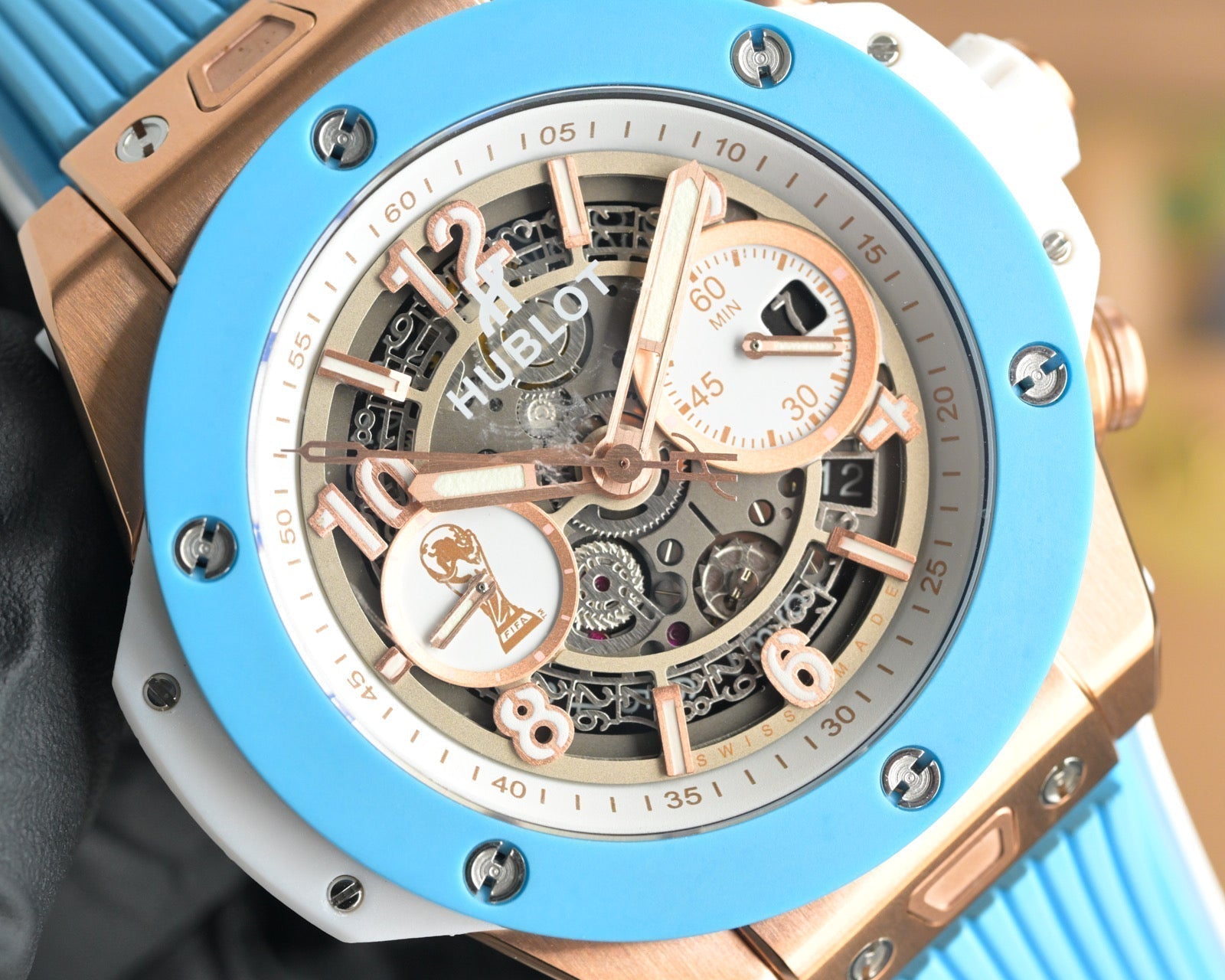 Hublot Big Bang Unico 45mm Blue Benzel Rose Gold Case Blue Rubber Strap