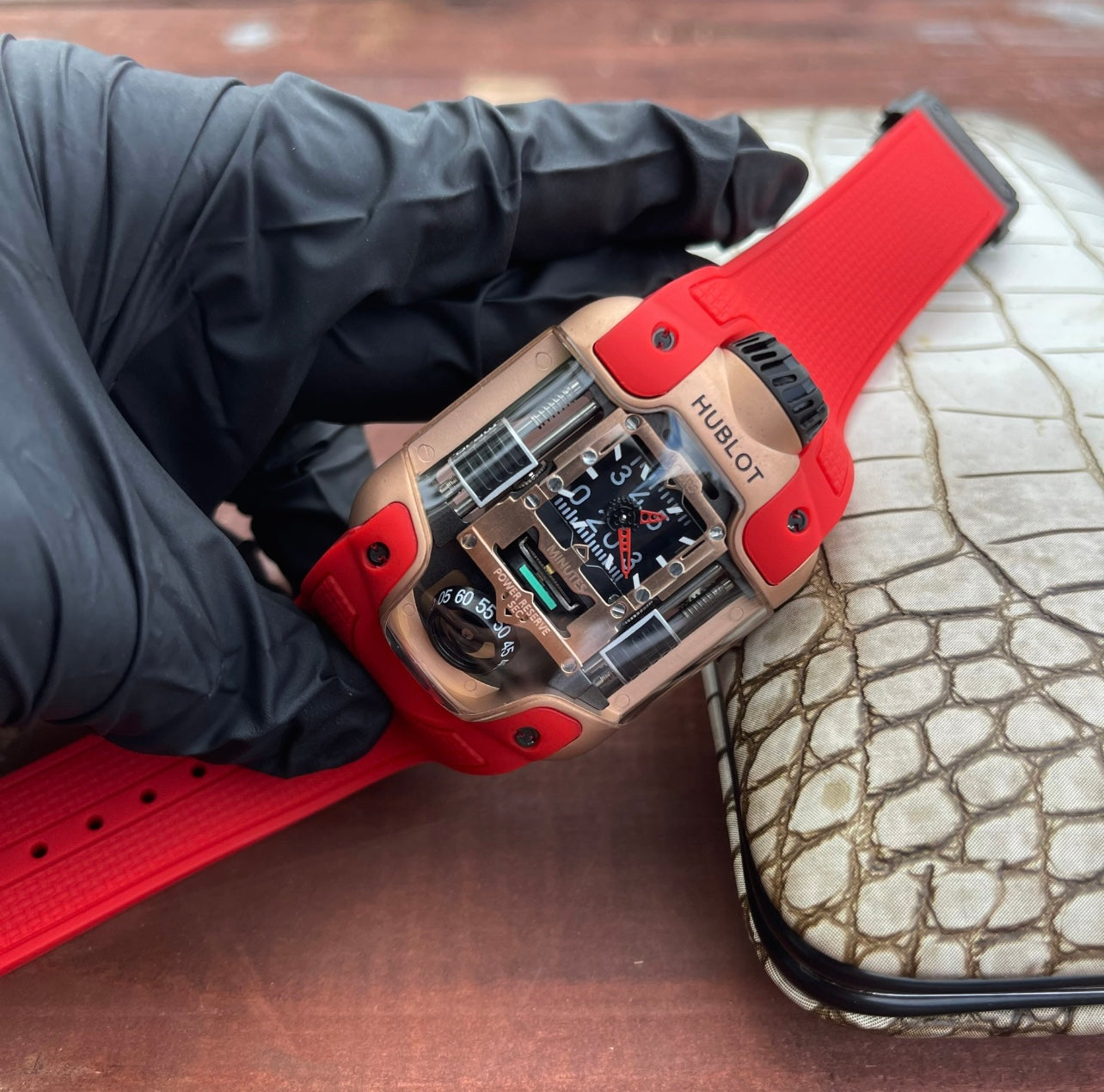 Hublot MP-10 Tourbillon Weight Energy System Watch Rose Gold Case Red Strap