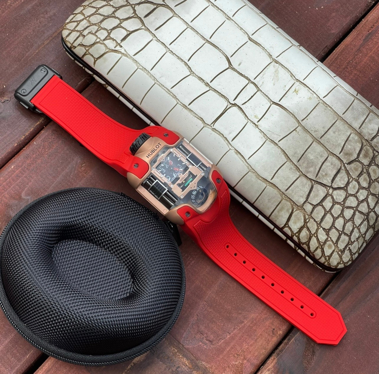 Hublot MP-10 Tourbillon Weight Energy System Watch Rose Gold Case Red Strap