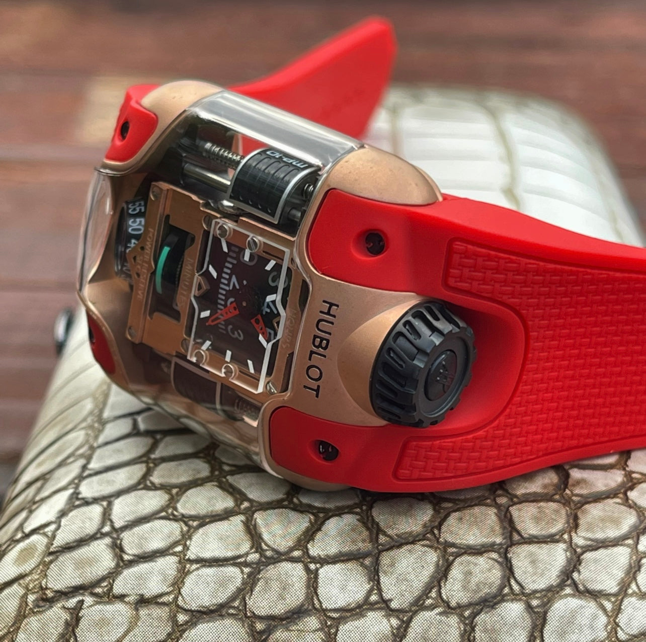 Hublot MP-10 Tourbillon Weight Energy System Watch Rose Gold Case Red Strap